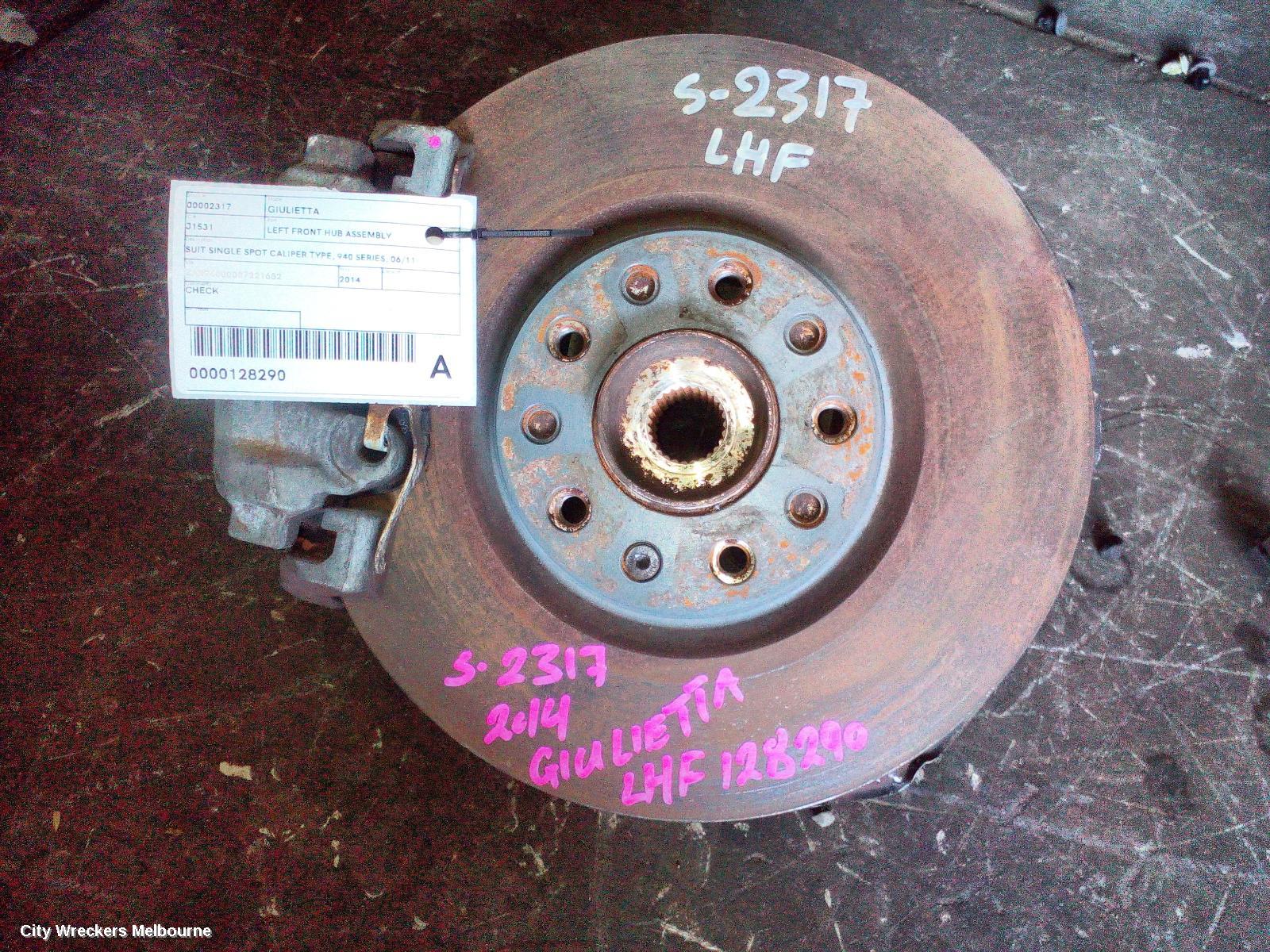 ALFA ROMEO GIULIETTA LEFT FRONT HUB ASSEMBLY, SUIT SINGLE SPOT CALIPER TYPE, 940 SERIES, 06/2011 ONWARDS