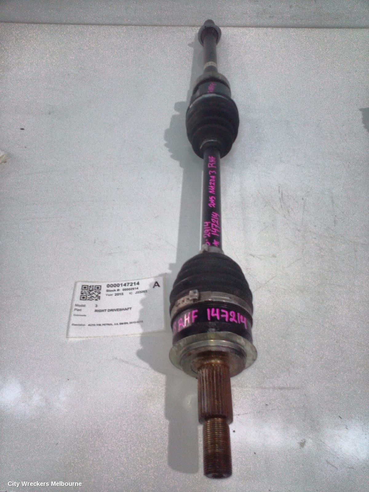 MAZDA 3 RIGHT DRIVESHAFT, AUTO T/M, PETROL, 2.0, BM-BN, 06/2013 - 02/2019