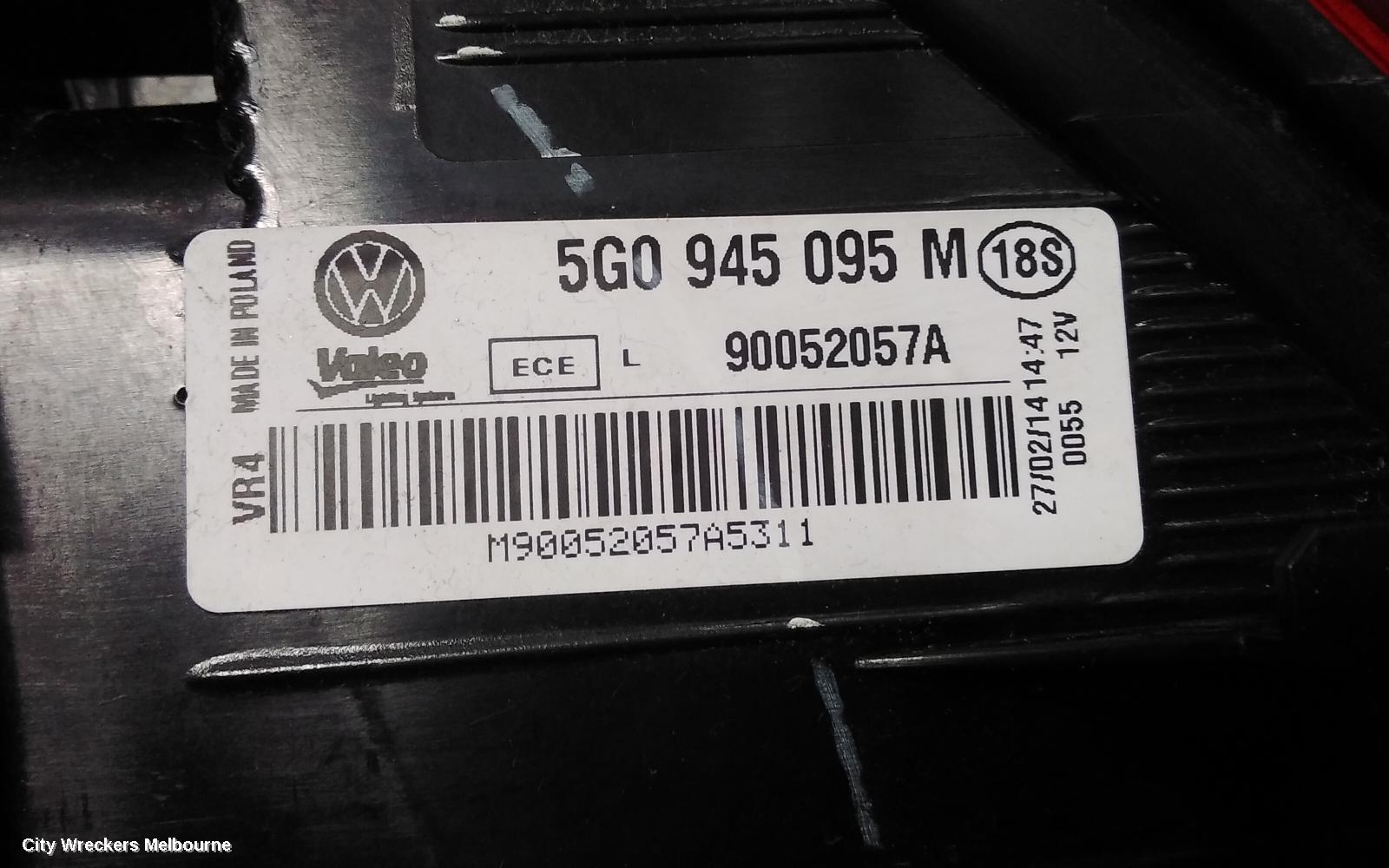 VOLKSWAGEN GOLF LEFT TAILLIGHT, GEN 7, HATCH, STANDARD, NON LED TYPE, 03/2013 - 03/2017