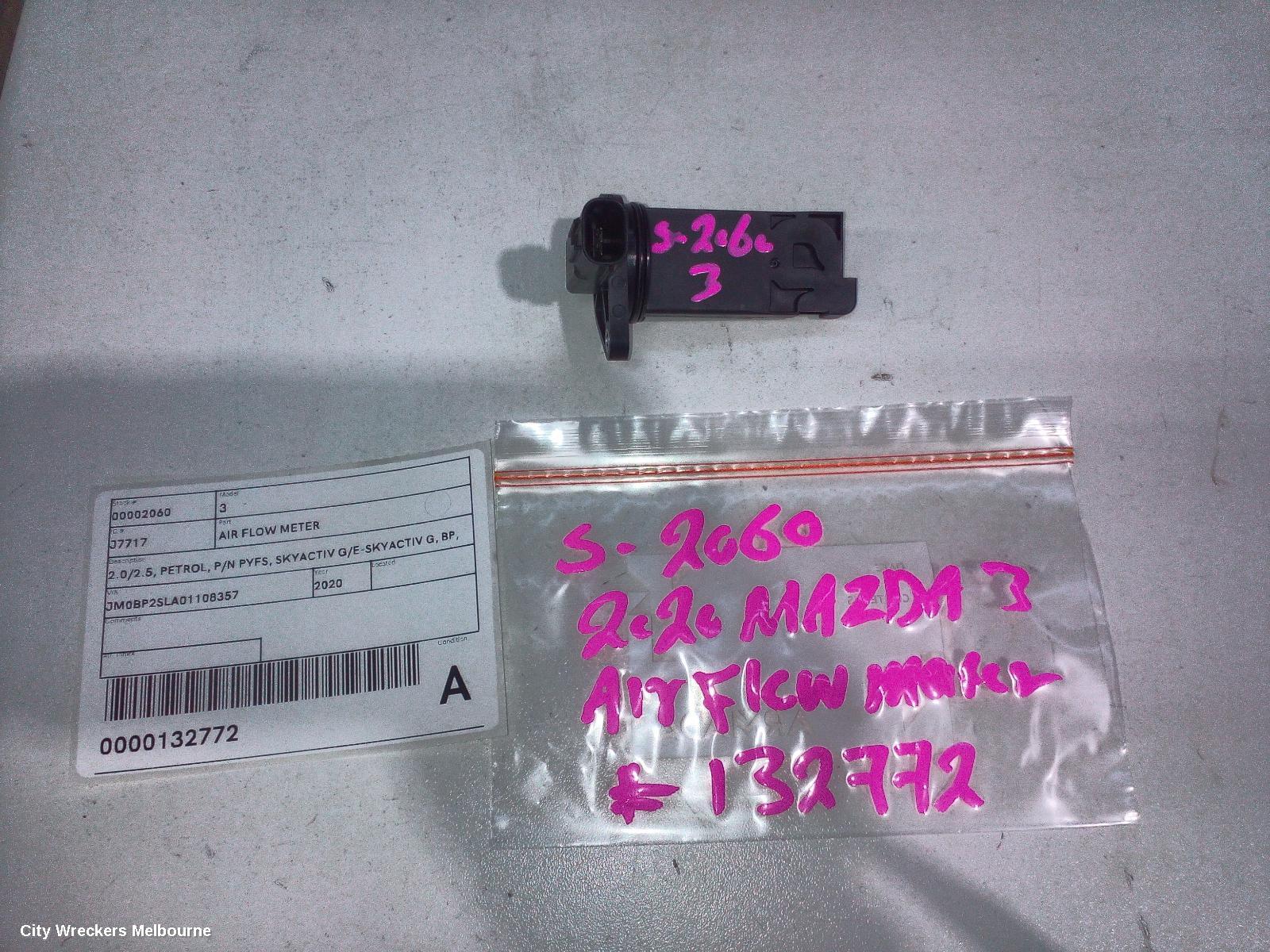 MAZDA 3 AIR FLOW METER, 2.0/2.5, PETROL, P/N PYFS, SKYACTIV G/E-SKYACTIV G, BP, 03/2019 ONWARDS