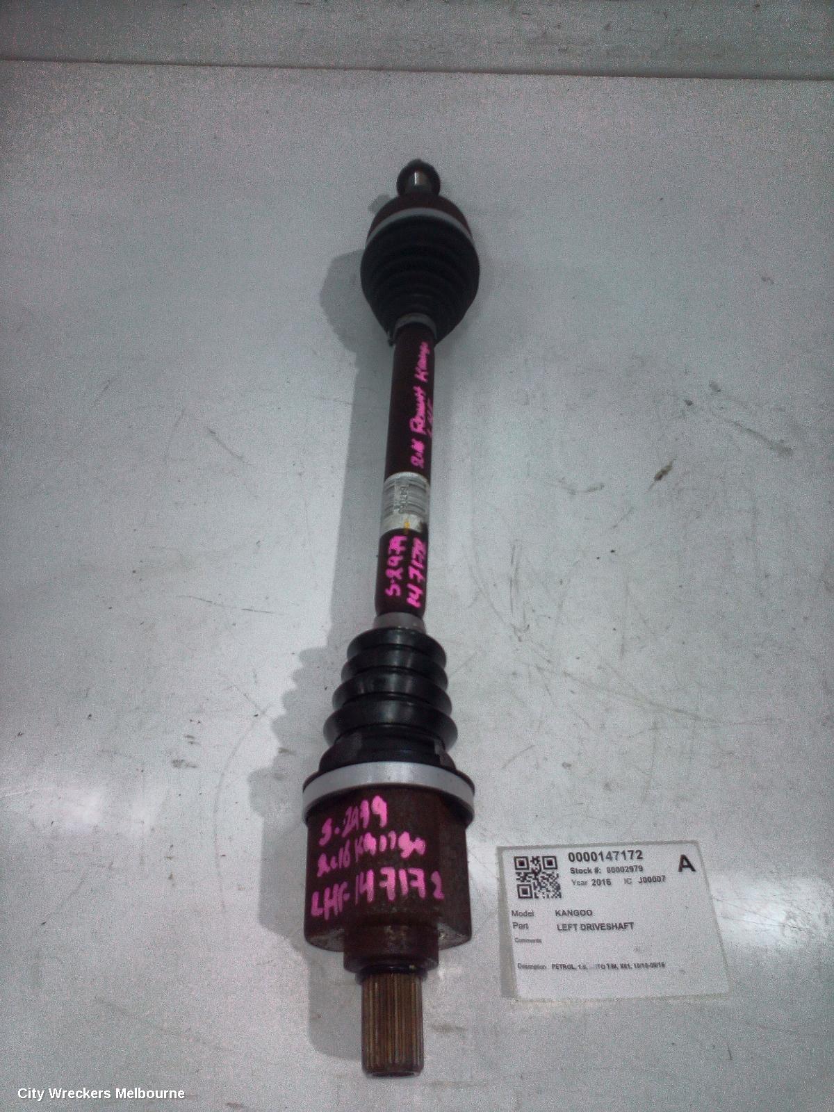 RENAULT KANGOO LEFT DRIVESHAFT, PETROL, 1.6, AUTO T/M, X61, 10/2010 - 06/2016