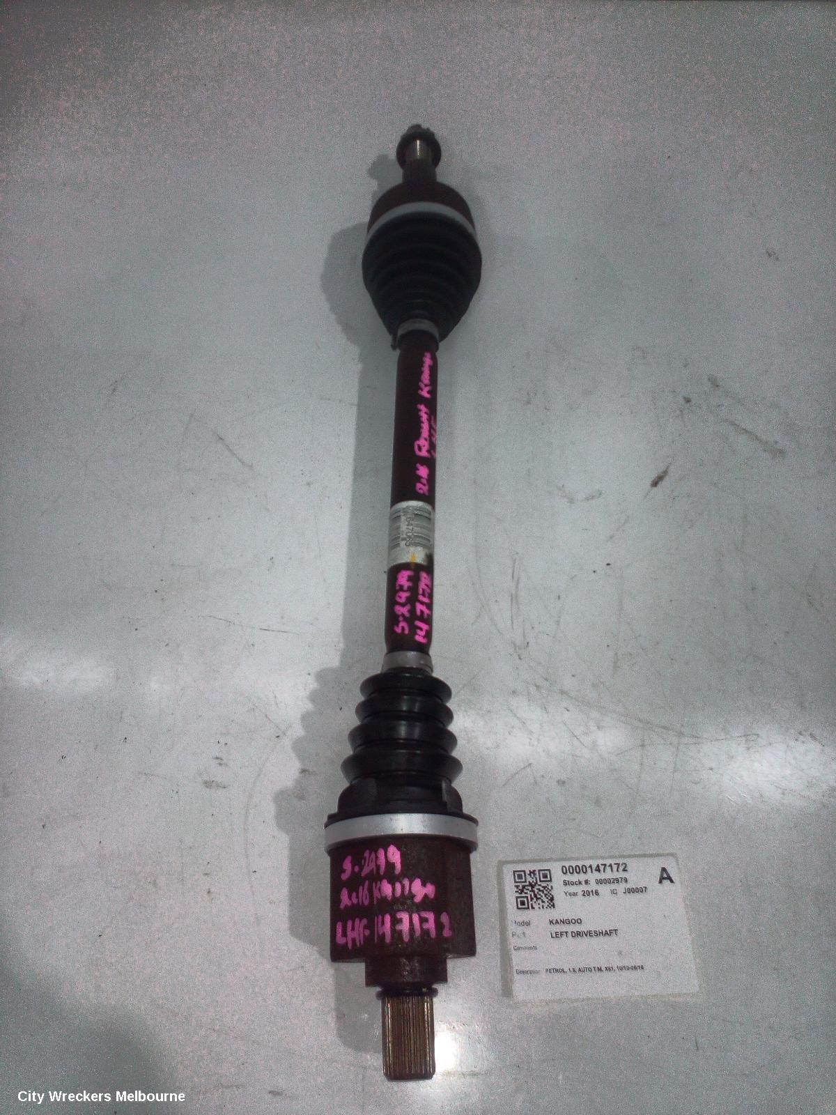 RENAULT KANGOO LEFT DRIVESHAFT, PETROL, 1.6, AUTO T/M, X61, 10/2010 - 06/2016