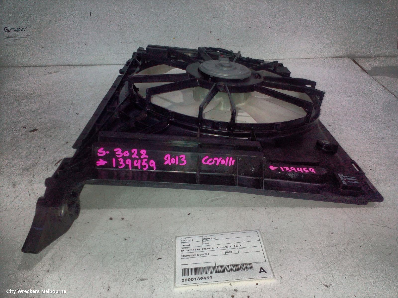 TOYOTA COROLLA FAN, RADIATOR FAN, ZRE182R, HATCH, 08/2012 - 06/2018