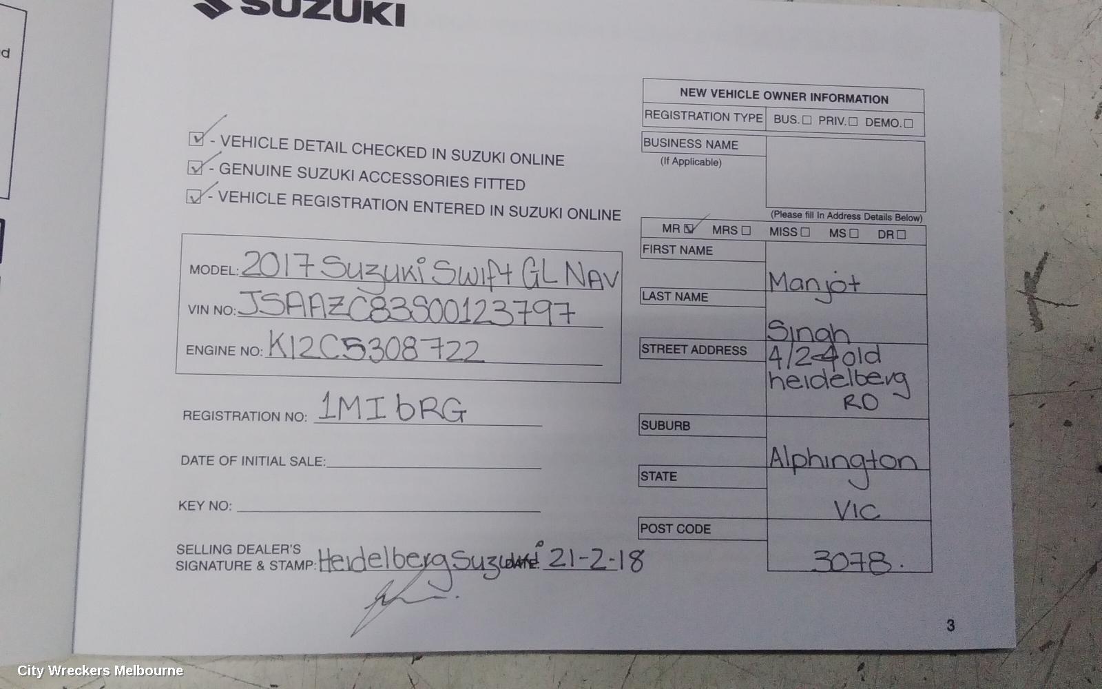 SUZUKI SWIFT OWNERS HANDBOOK, AZ, 04/2017 - 03/2025