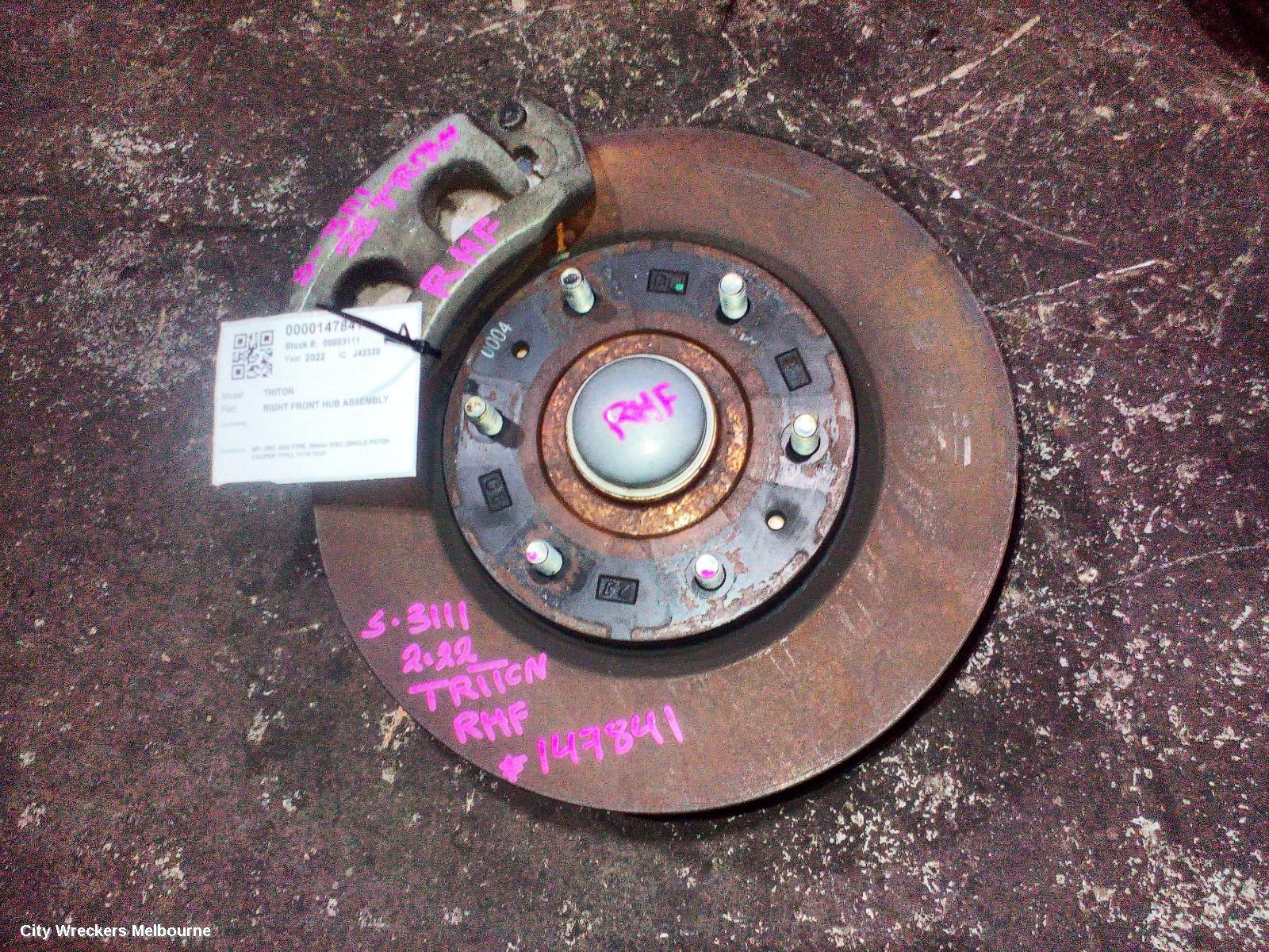 MITSUBISHI TRITON RIGHT FRONT HUB ASSEMBLY, MR, 2WD, ABS TYPE, 294MM DISC (SINGLE PISTON CALIPER TYPE), 11/2018 - 10/2023