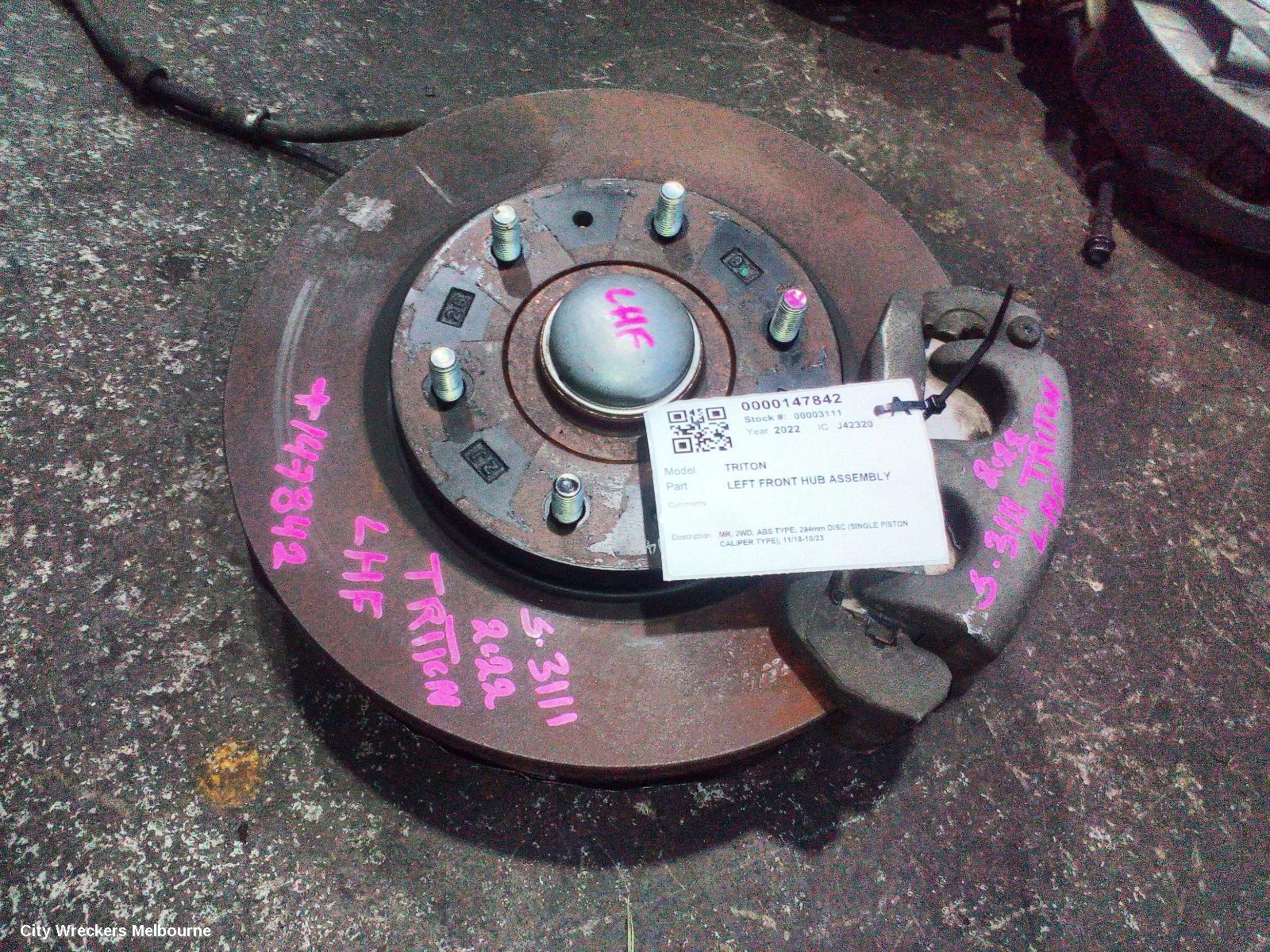 MITSUBISHI TRITON LEFT FRONT HUB ASSEMBLY, MR, 2WD, ABS TYPE, 294MM DISC (SINGLE PISTON CALIPER TYPE), 11/2018 - 10/2023