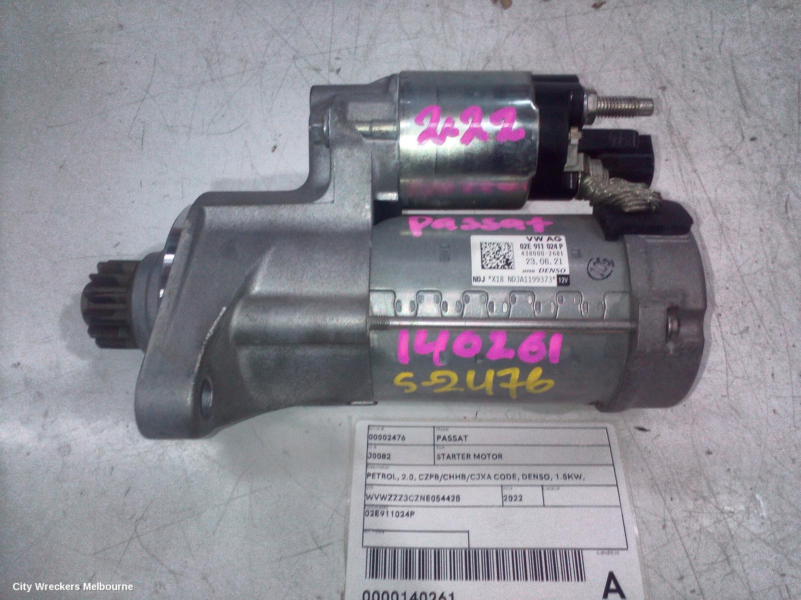 VOLKSWAGEN PASSAT STARTER, PETROL, 2.0, CZPB/CHHB/CJXA CODE, DENSO, 1.5KW, B8/MK7, 05/2016 - 05/2023
