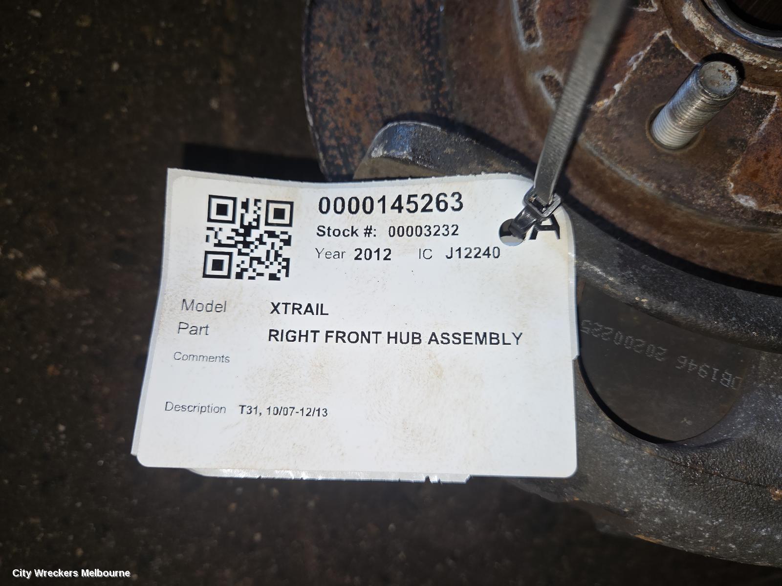NISSAN XTRAIL RIGHT FRONT HUB ASSEMBLY, T31, 10/2007 - 12/2013