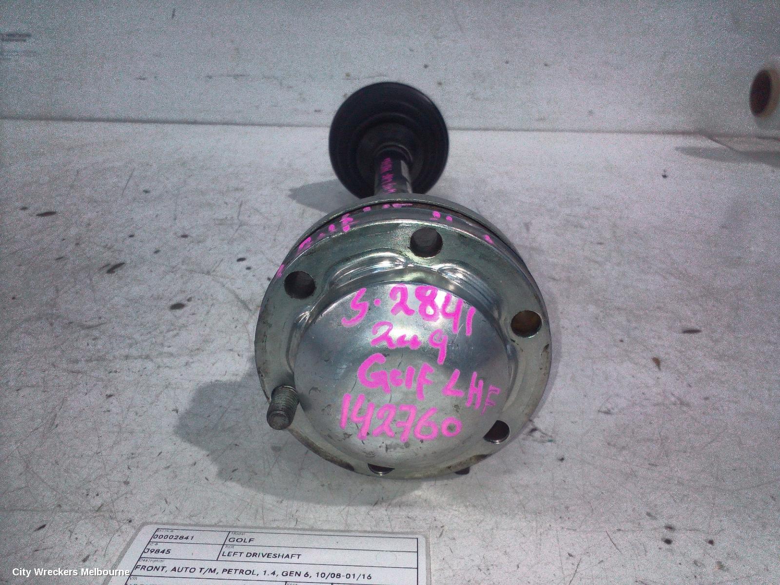 VOLKSWAGEN GOLF LEFT DRIVESHAFT, FRONT, AUTO T/M, PETROL, 1.4, GEN 6, 10/2008 - 01/2016