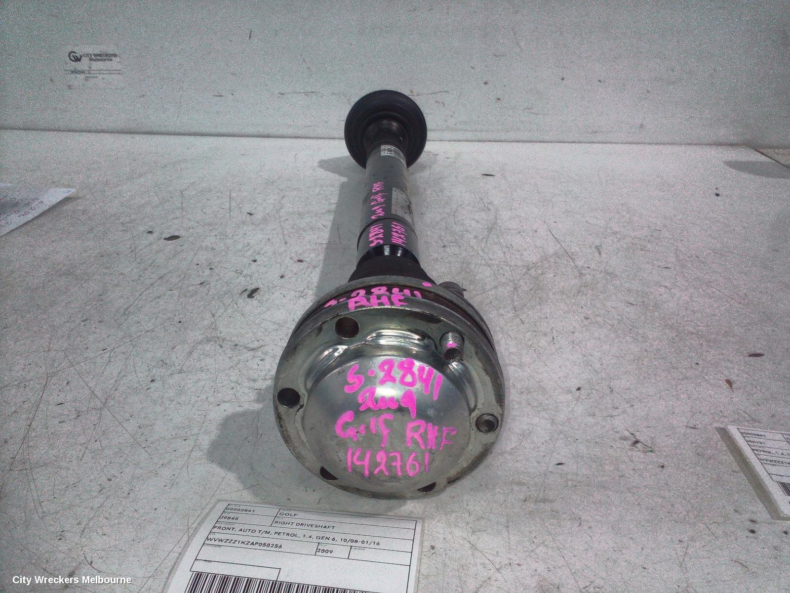 VOLKSWAGEN GOLF RIGHT DRIVESHAFT, FRONT, AUTO T/M, PETROL, 1.4, GEN 6, 10/2008 - 01/2016
