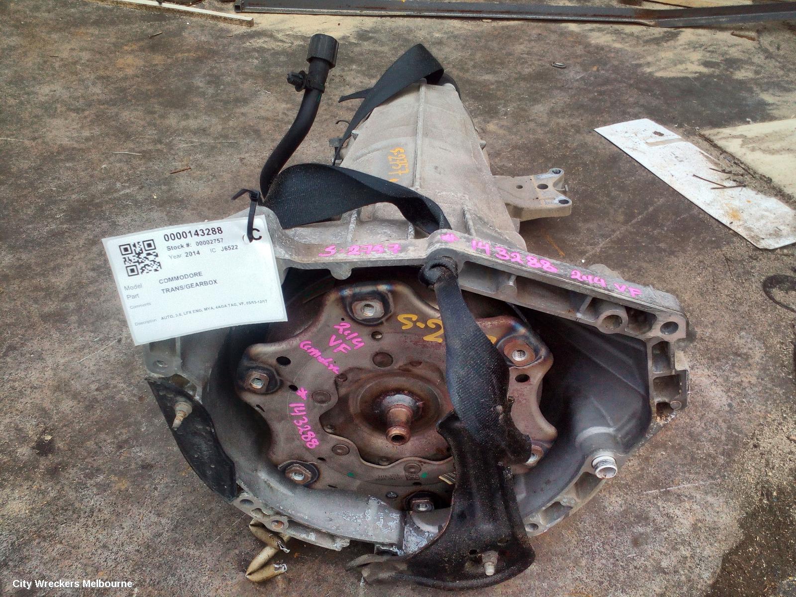 HOLDEN COMMODORE TRANS/GEARBOX, AUTO, 3.6, LFX ENG, MYA, 4AGA TAG, VF, 05/2013 - 12/2017