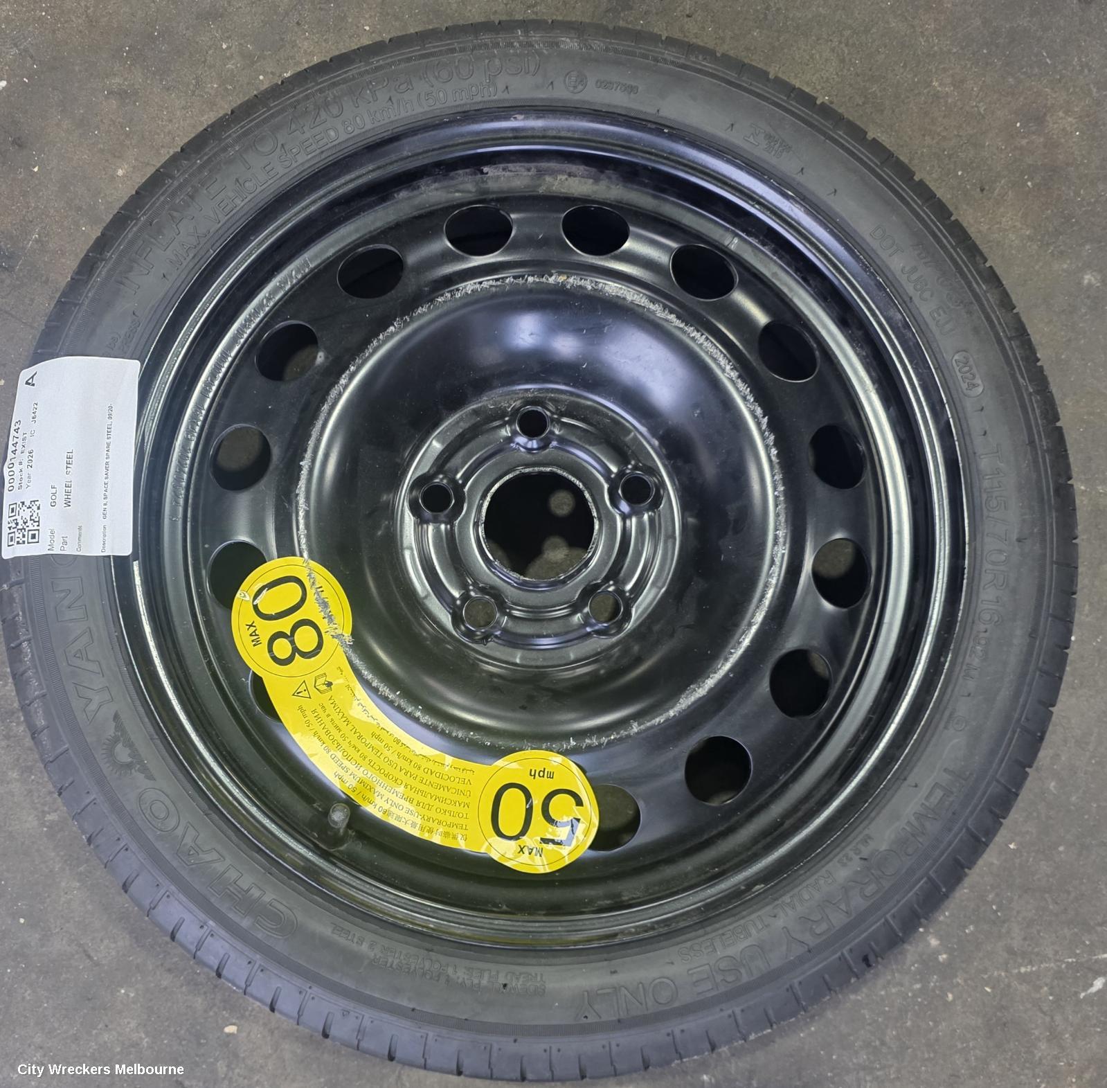 VOLKSWAGEN GOLF WHEEL STANDARD/STEEL, GEN 8, SPACE SAVER SPARE STEEL, 09/2020 ONWARDS