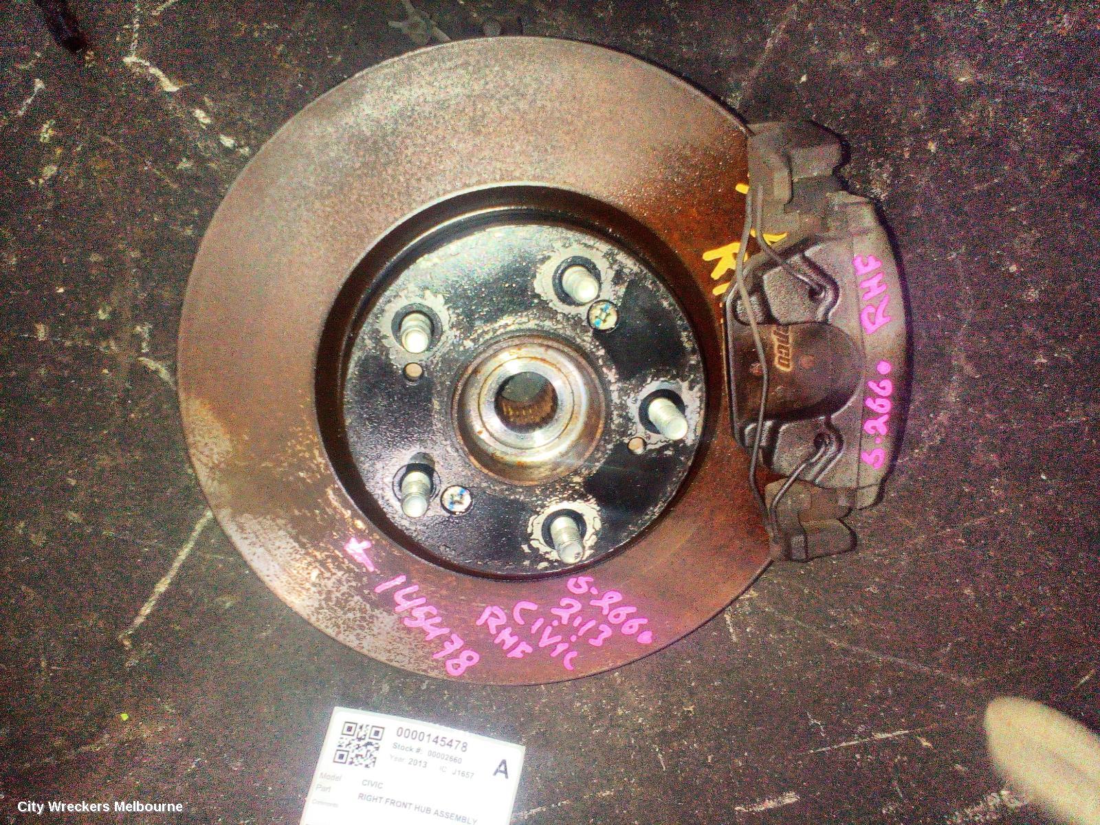HONDA CIVIC RIGHT FRONT HUB ASSEMBLY, 9TH GEN, HATCH, 1.8, AUTO T/M, 06/2012 - 04/2016