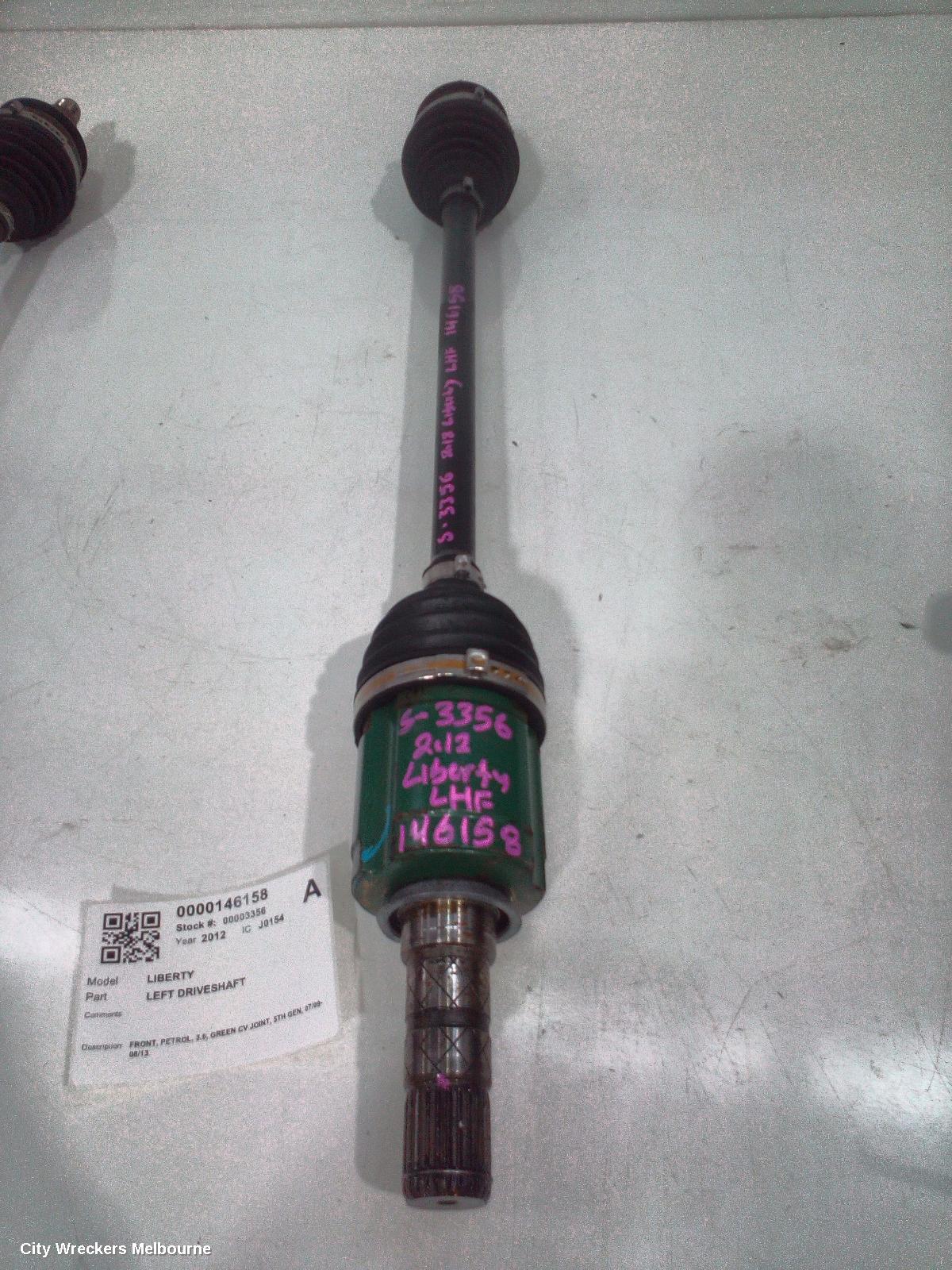 SUBARU LIBERTY LEFT DRIVESHAFT, FRONT, PETROL, 3.6, GREEN CV JOINT, 5TH GEN, 07/2009 - 08/2013