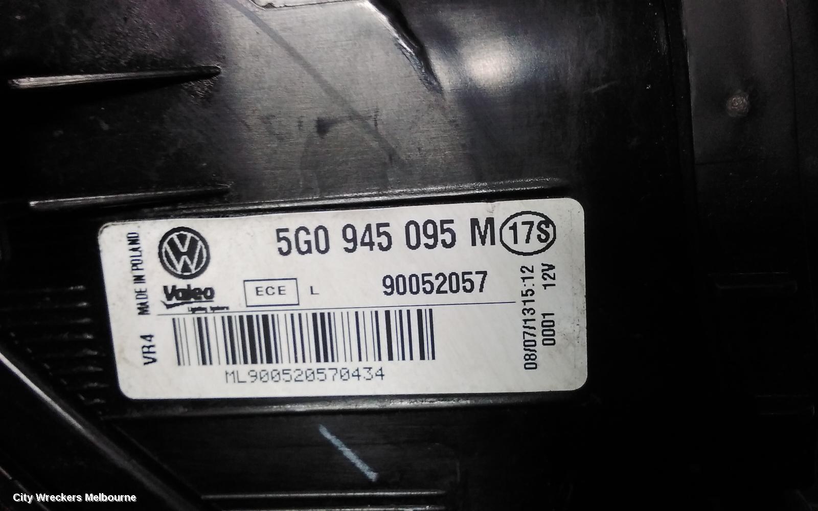 VOLKSWAGEN GOLF LEFT TAILLIGHT, GEN 7, HATCH, STANDARD, NON LED TYPE, 03/2013 - 03/2017
