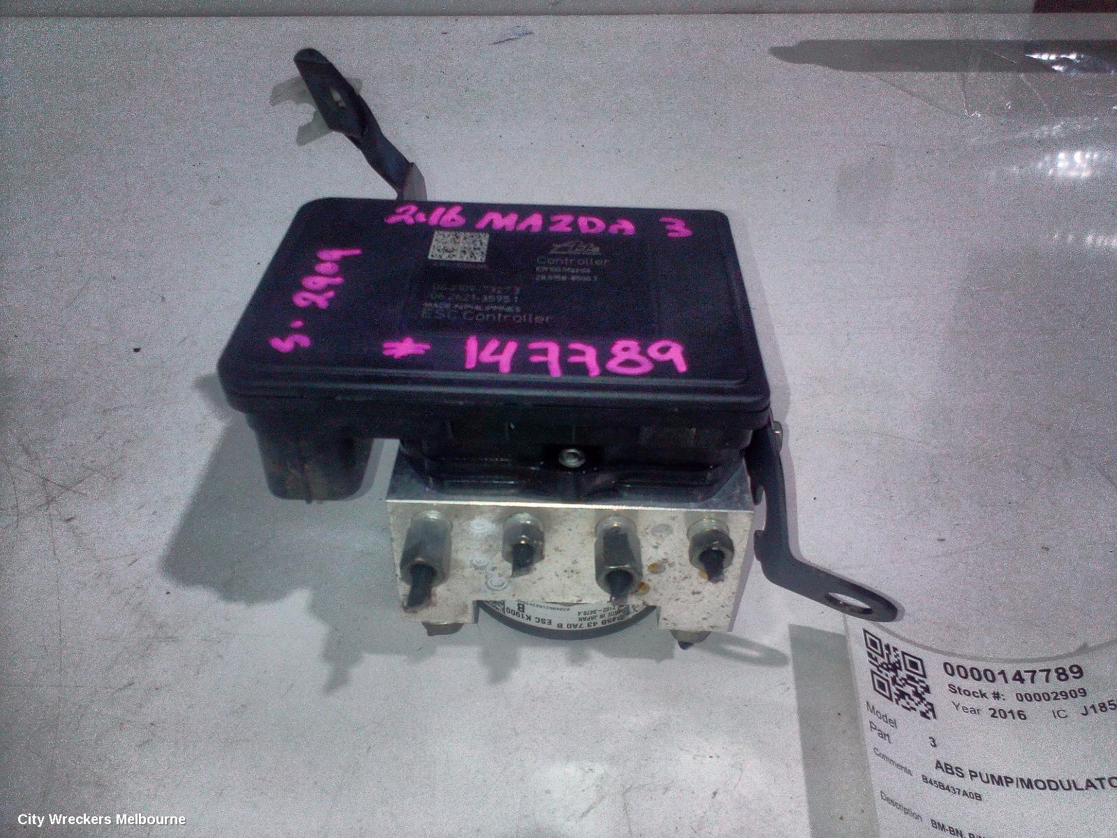 MAZDA 3 ABS PUMP/MODULATOR, BM-BN, P/N B45B437A0B, 06/2013 - 02/2019