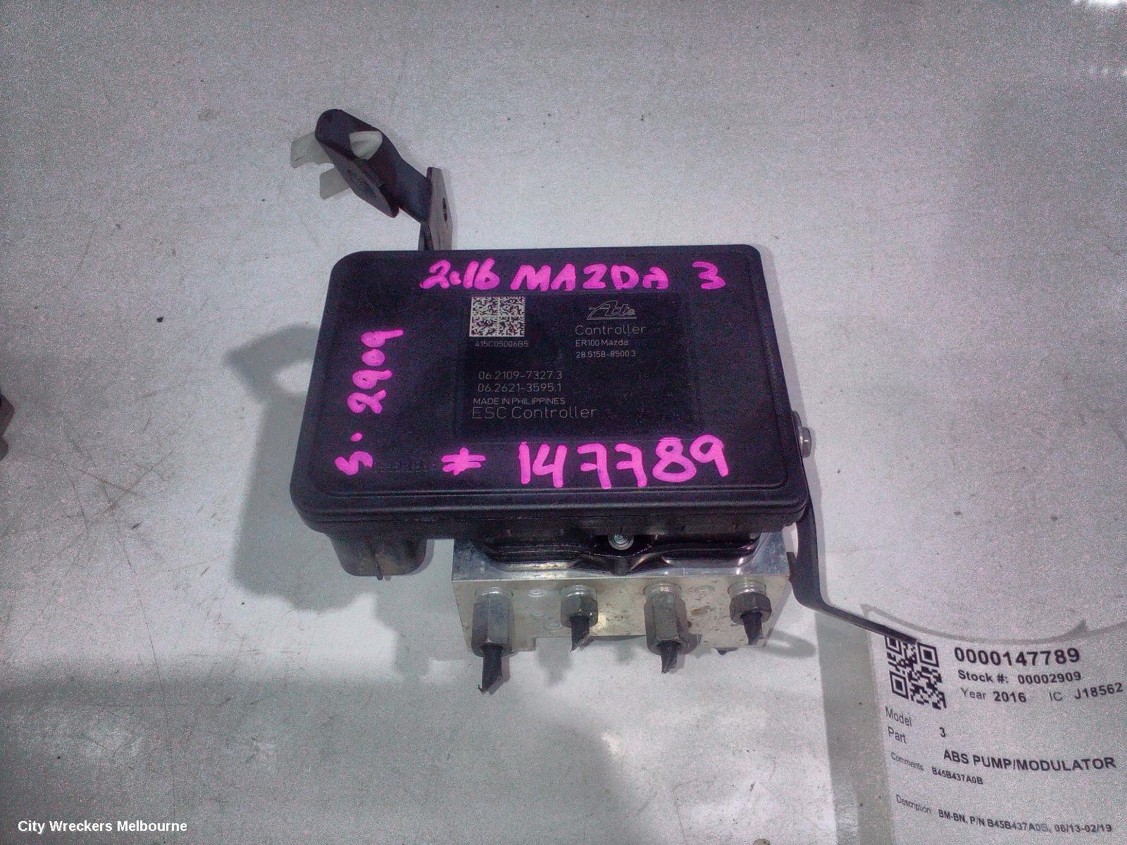 MAZDA 3 ABS PUMP/MODULATOR, BM-BN, P/N B45B437A0B, 06/2013 - 02/2019