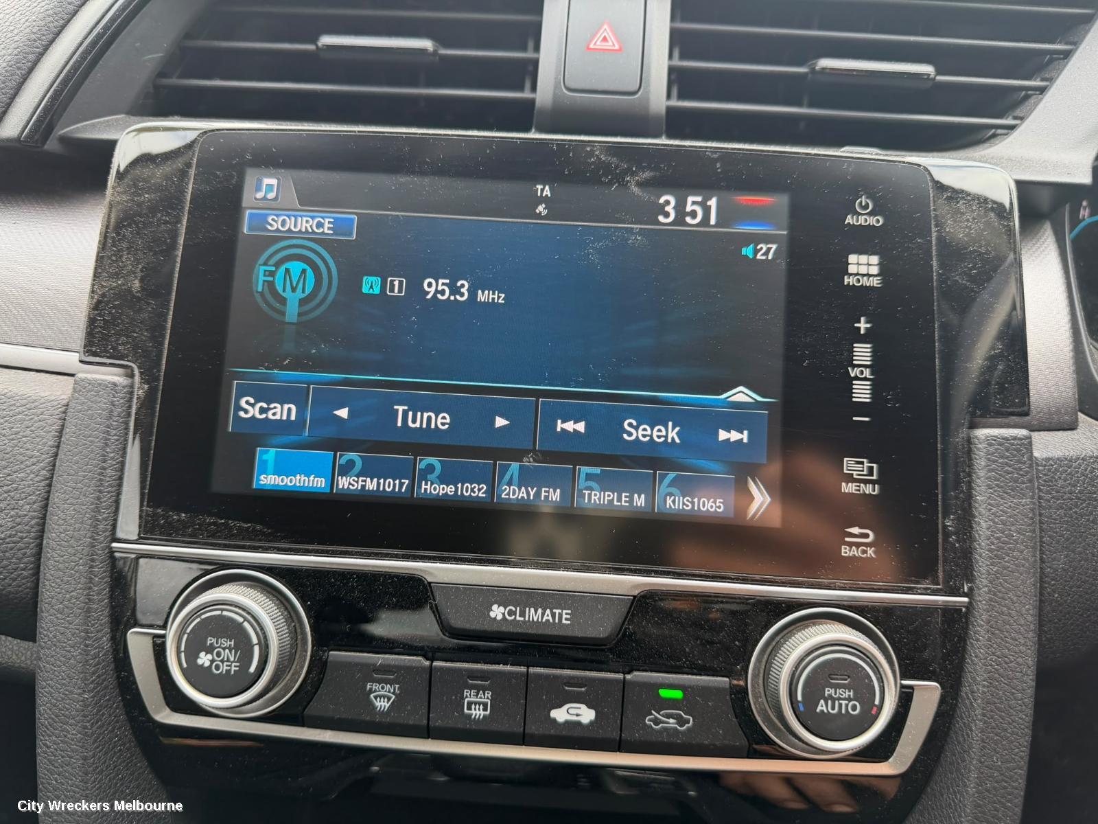 HONDA CIVIC RADIO/CD/DVD/SAT/TV, 7IN TOUCHSCREEN (NON SAT NAV TYPE), 10TH GEN, 05/2016 - 08/2021