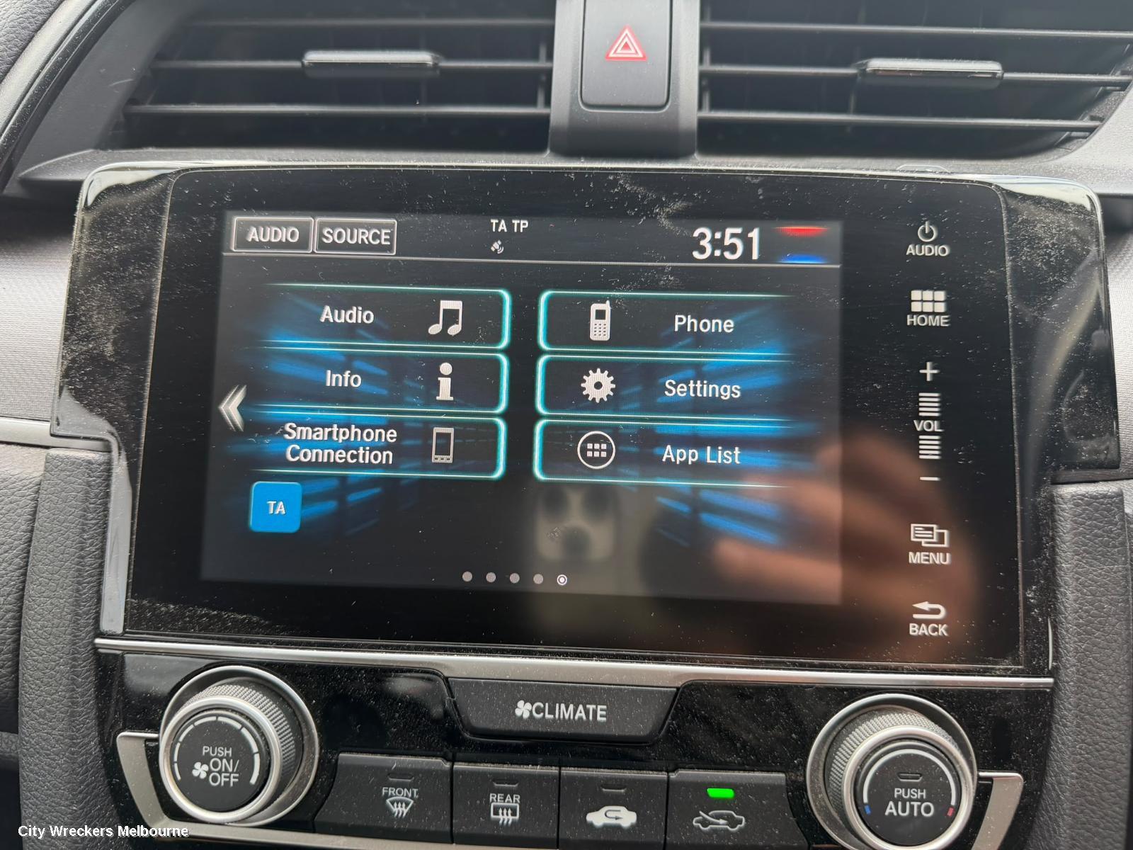 HONDA CIVIC RADIO/CD/DVD/SAT/TV, 7IN TOUCHSCREEN (NON SAT NAV TYPE), 10TH GEN, 05/2016 - 08/2021