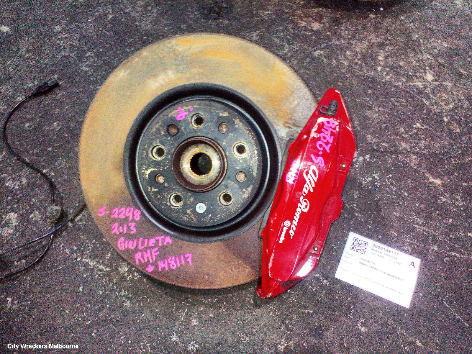 ALFA ROMEO GIULIETTA RIGHT FRONT HUB ASSEMBLY, SUIT SINGLE SPOT CALIPER TYPE, 940 SERIES, 06/2011 ONWARDS