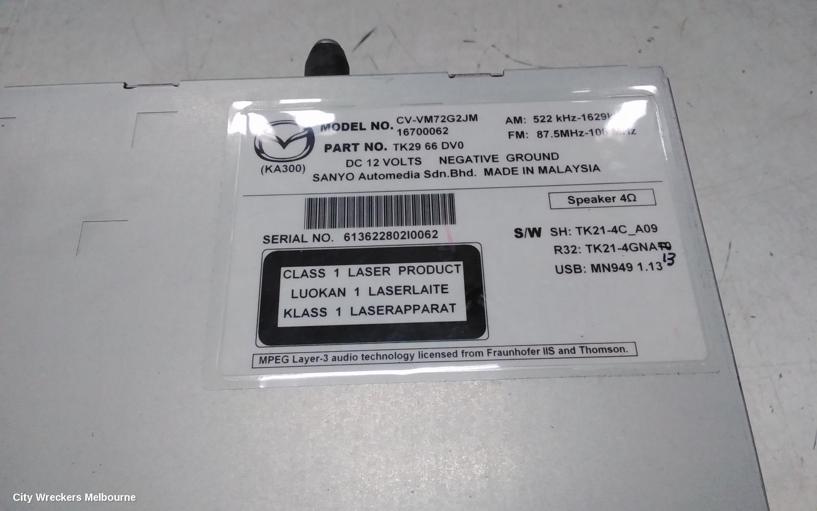 MAZDA CX9 RADIO/CD/DVD/SAT/TV, DISPLAY UNIT, 5.8IN NON SAT NAV TYPE, 10/2012 - 12/2015