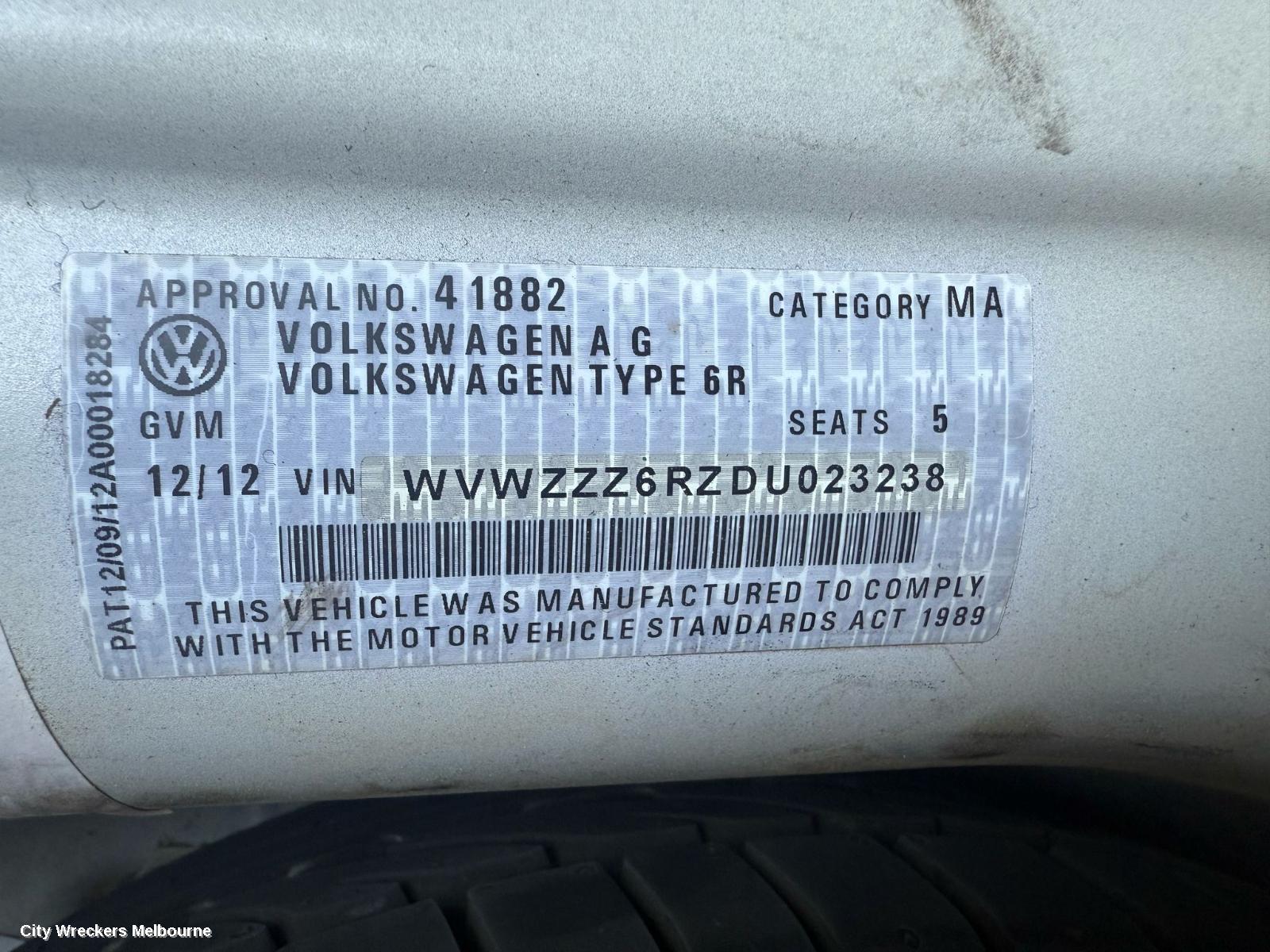 VOLKSWAGEN POLO RIGHT REAR DOOR, 6R, 5DR HATCH, 05/2010 - 09/2017 (AUS ONLY)