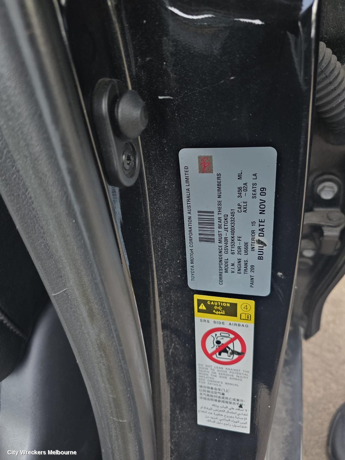 TOYOTA AURION HEADREST, GSV40R, LH FRONT, 10/2006 - 03/2012