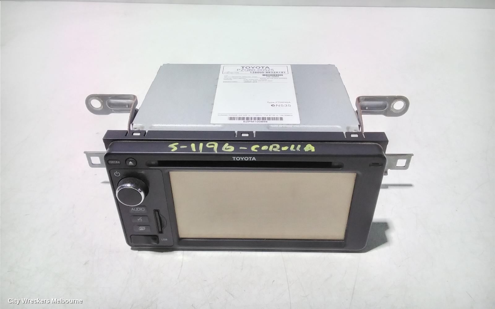TOYOTA COROLLA RADIO/CD/DVD/SAT/TV, SINGLE DISC CD PLAYER (P/N ON FACE 100184), ZRE182R, HATCH, 10/2012 - 03/2015