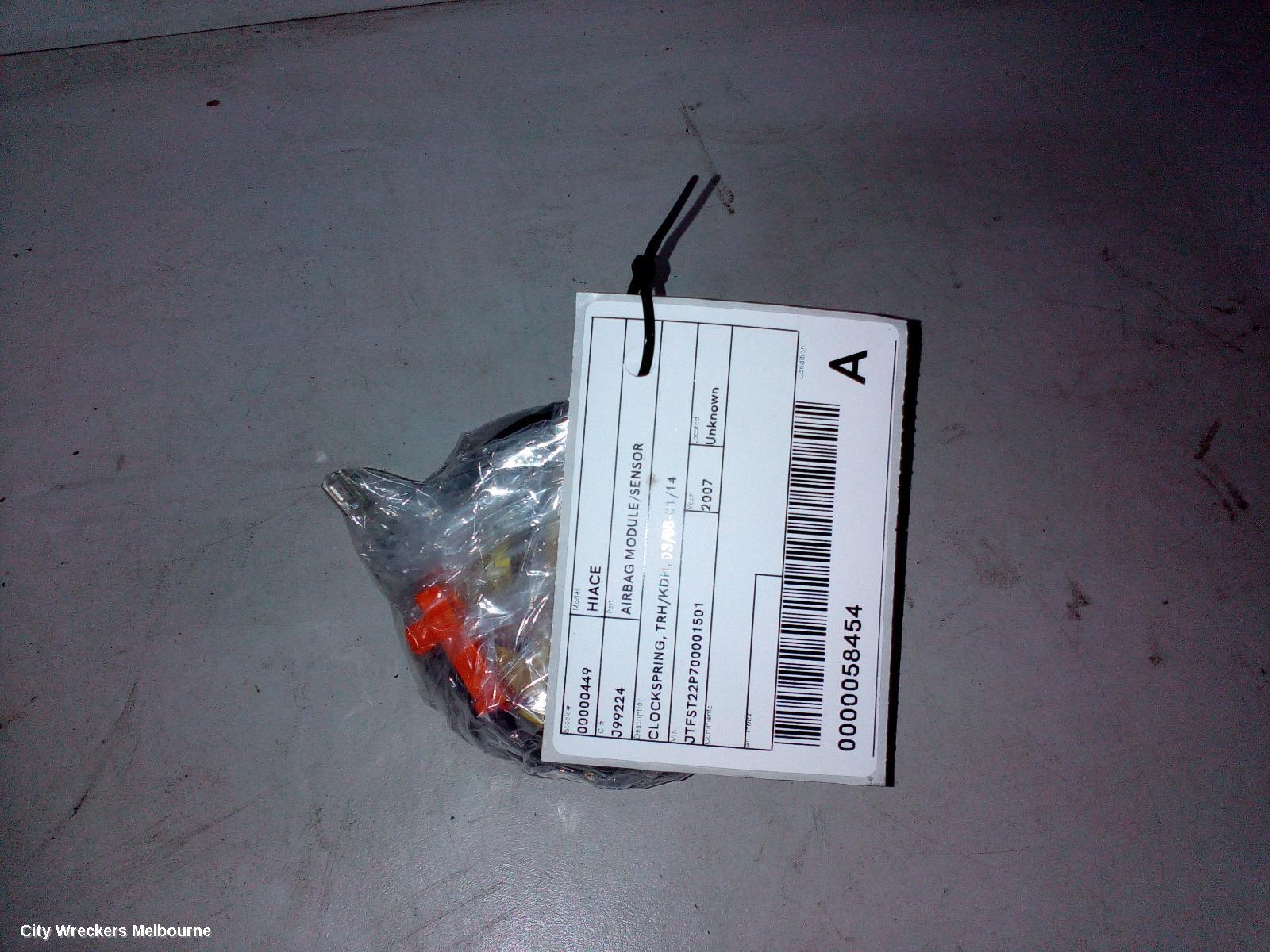 TOYOTA HIACE AIRBAG MODULE/SENSOR, CLOCKSPRING, TRH/KDH, 03/2005 - 01/2014