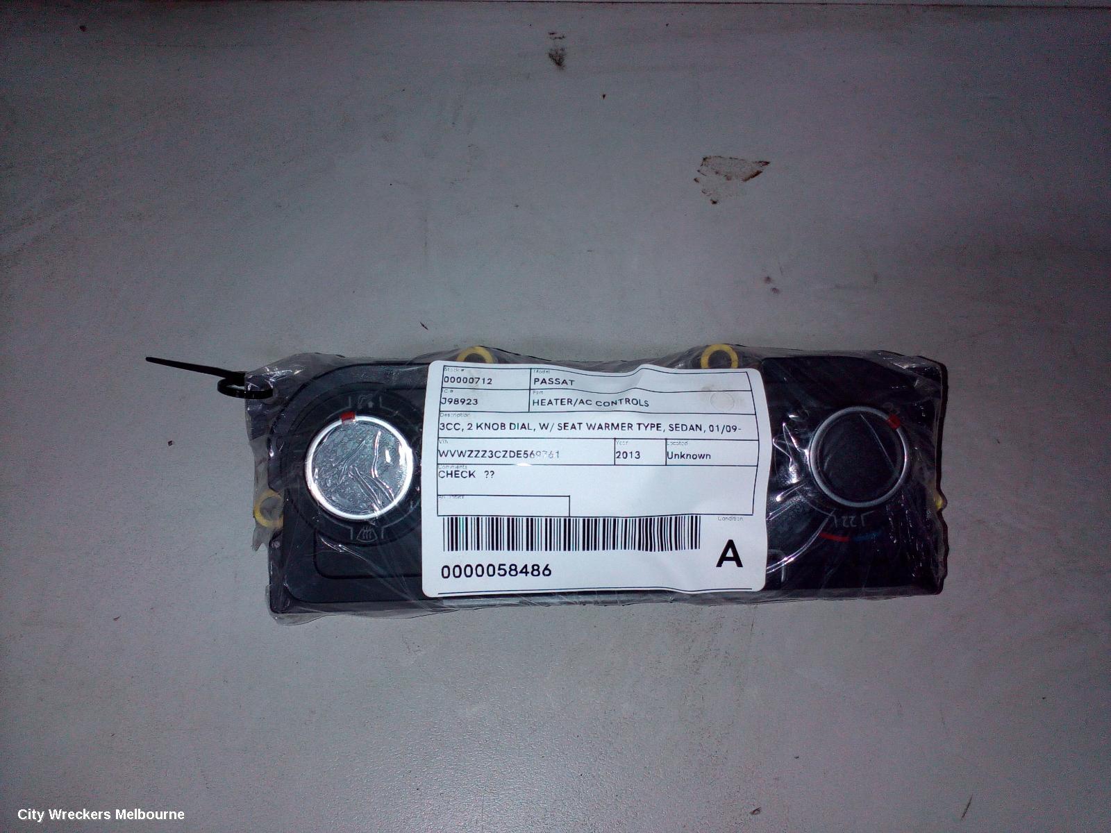 VOLKSWAGEN PASSAT HEATER/AC CONTROLS, 3CC, 2 KNOB DIAL, W/ SEAT WARMER TYPE, SEDAN, 01/2009 - 12/2016