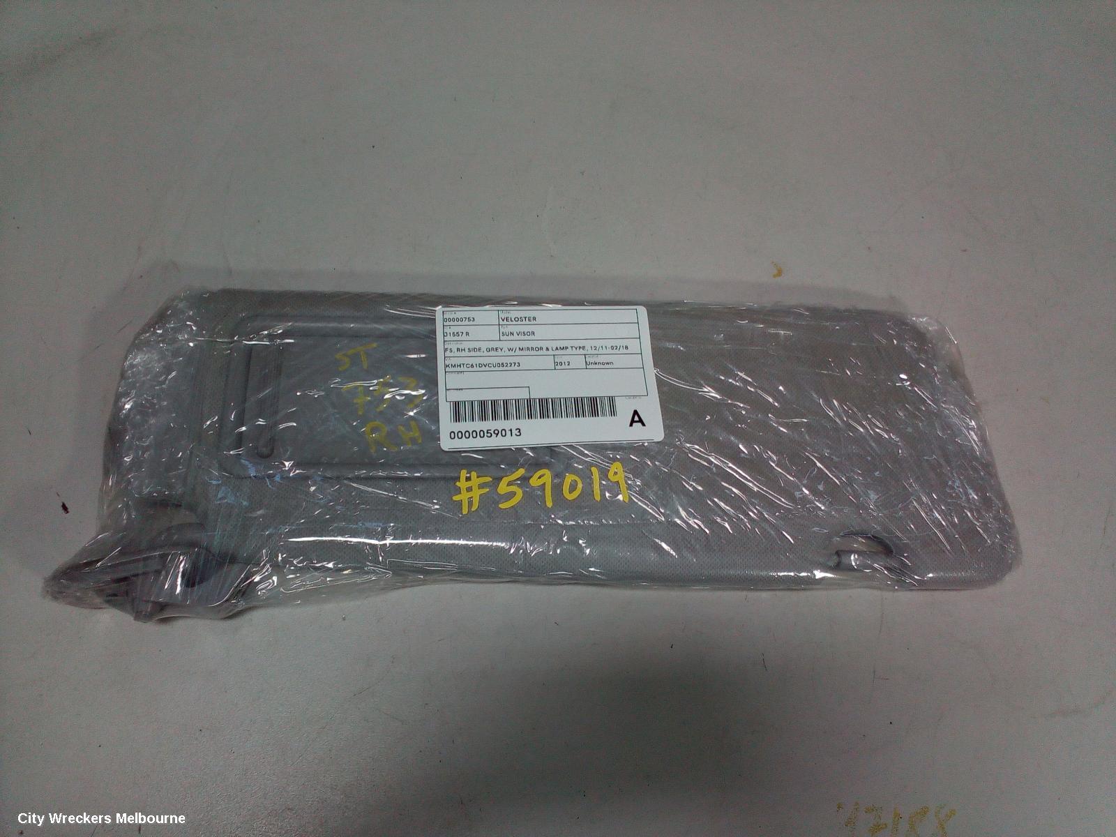 HYUNDAI VELOSTER SUNVISOR, FS, RH SIDE, GREY, W/ MIRROR & LAMP TYPE, 12/2011 - 02/2018