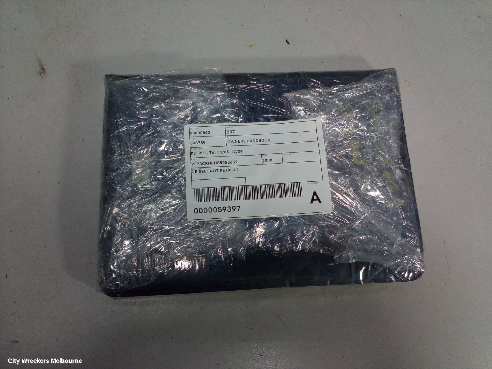 PEUGEOT 307 OWNERS HANDBOOK, PETROL, T6, 10/2005 - 12/2009