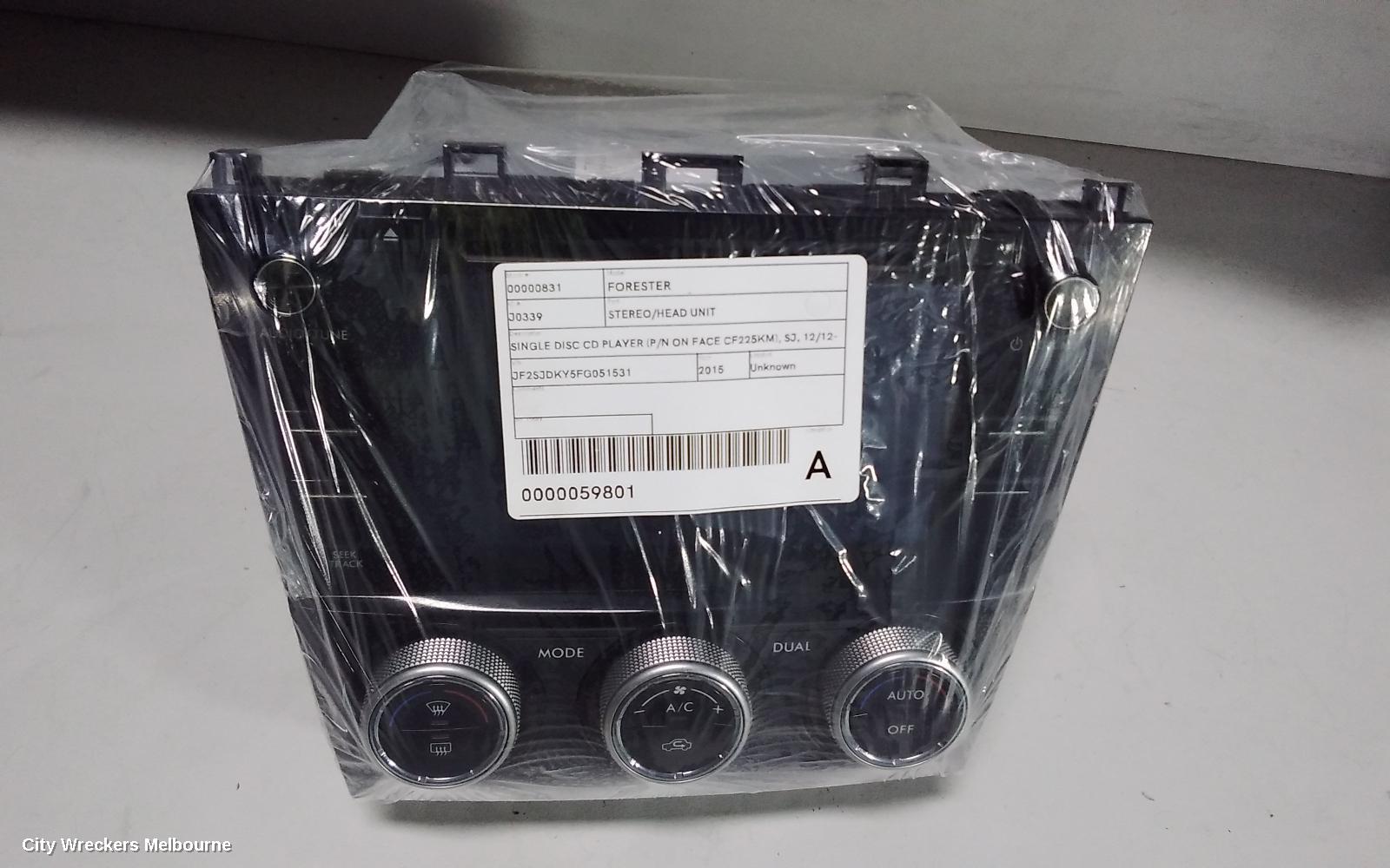 SUBARU FORESTER RADIO/CD/DVD/SAT/TV, SINGLE DISC CD PLAYER (P/N ON FACE CF225KM), SJ, 12/2012 - 03/2015