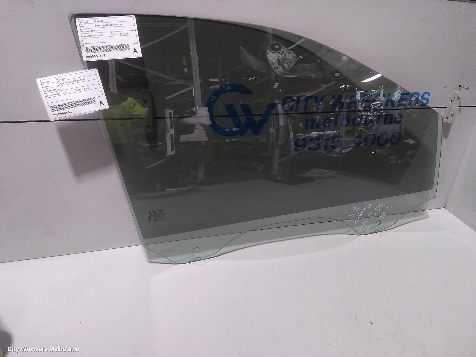 FORD RANGER RIGHT FRONT DOOR WINDOW, PX, DUAL CAB, 06/2011 ONWARDS