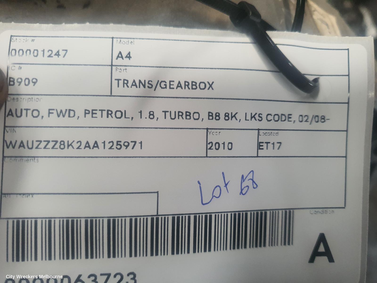 AUDI A4 TRANS/GEARBOX, AUTO, FWD, PETROL, 1.8, TURBO, B8 8K, LKS CODE, 02/2008 - 06/2012