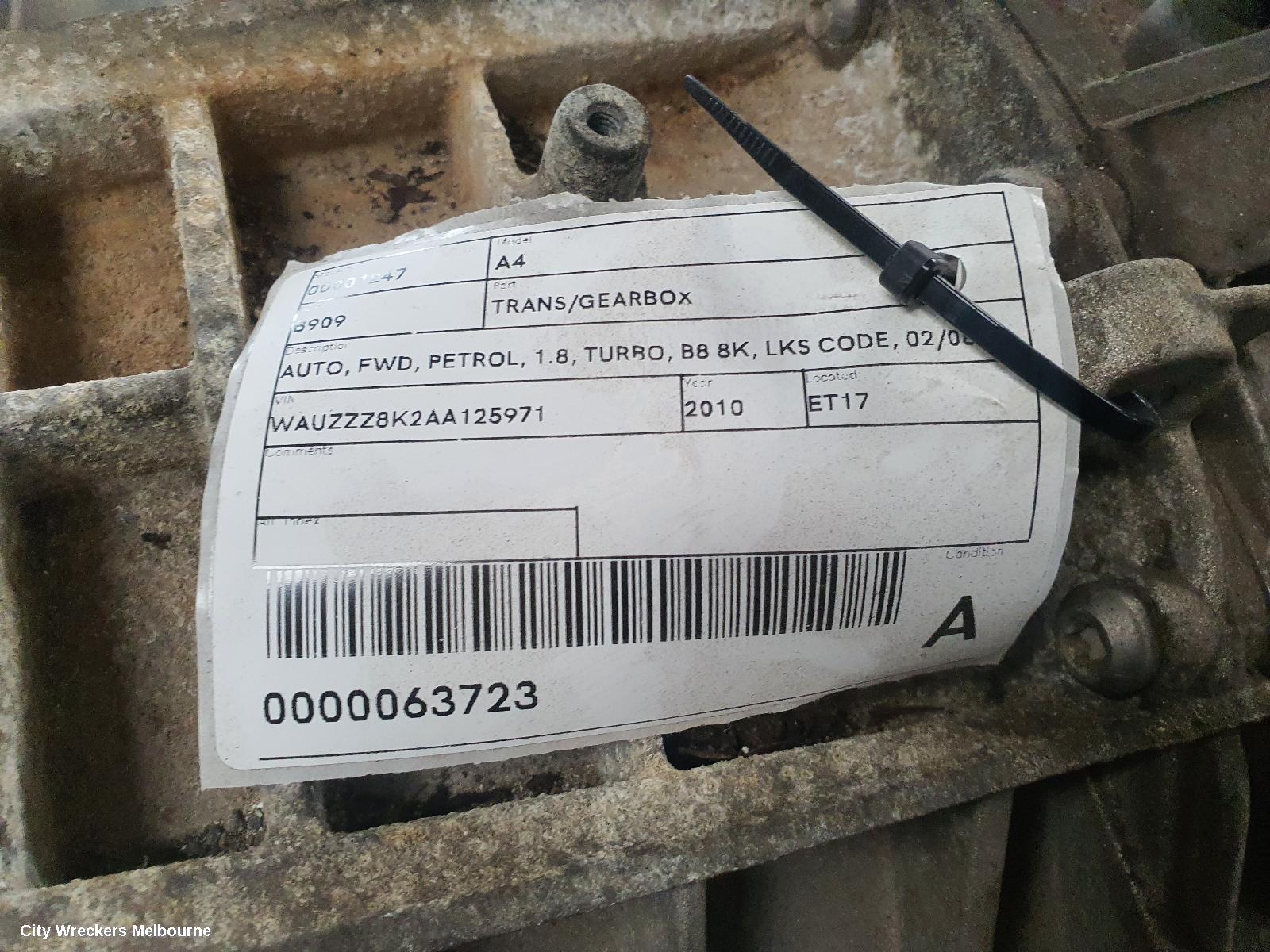 AUDI A4 TRANS/GEARBOX, AUTO, FWD, PETROL, 1.8, TURBO, B8 8K, LKS CODE, 02/2008 - 06/2012