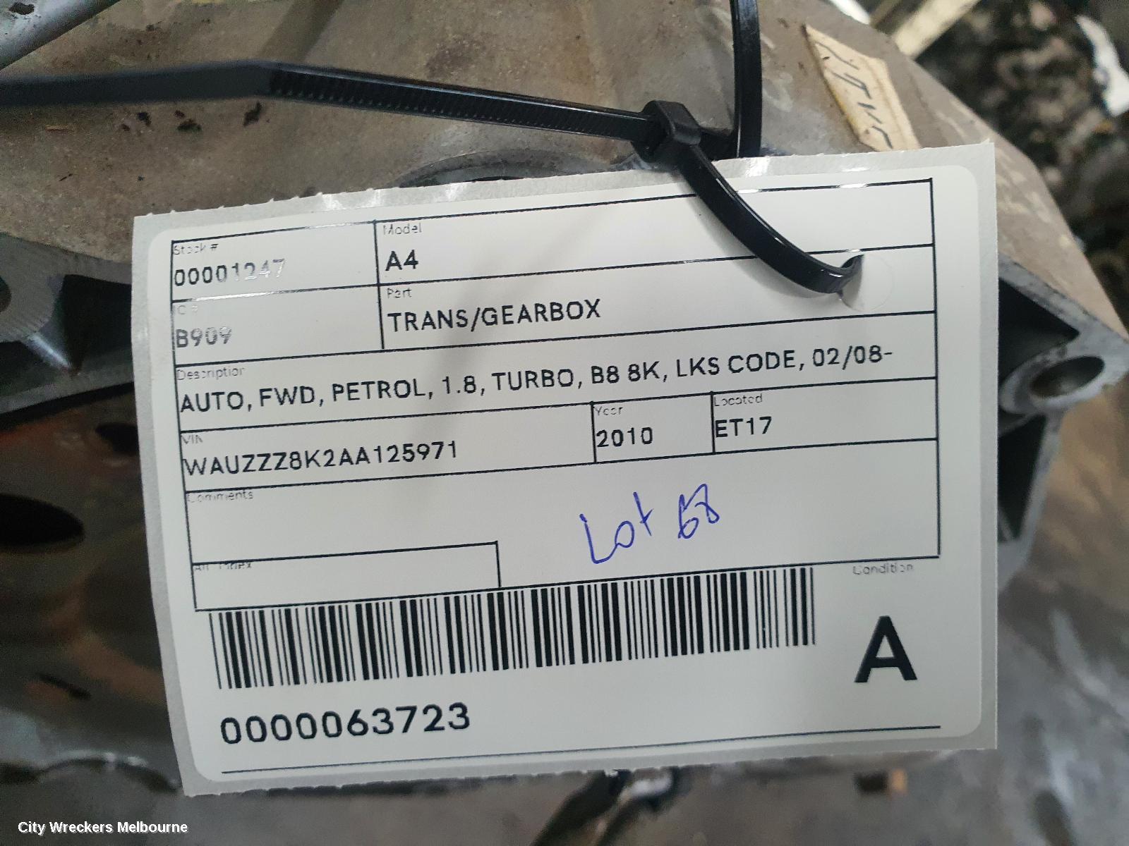 AUDI A4 TRANS/GEARBOX, AUTO, FWD, PETROL, 1.8, TURBO, B8 8K, LKS CODE, 02/2008 - 06/2012