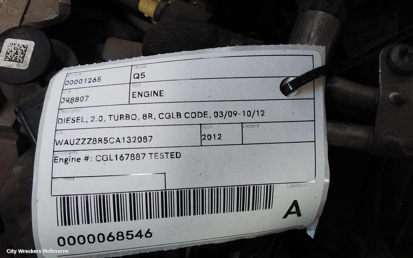 AUDI Q5 ENGINE, DIESEL, 2.0, TURBO, 8R, CGLB CODE, 03/2009 - 10/2012