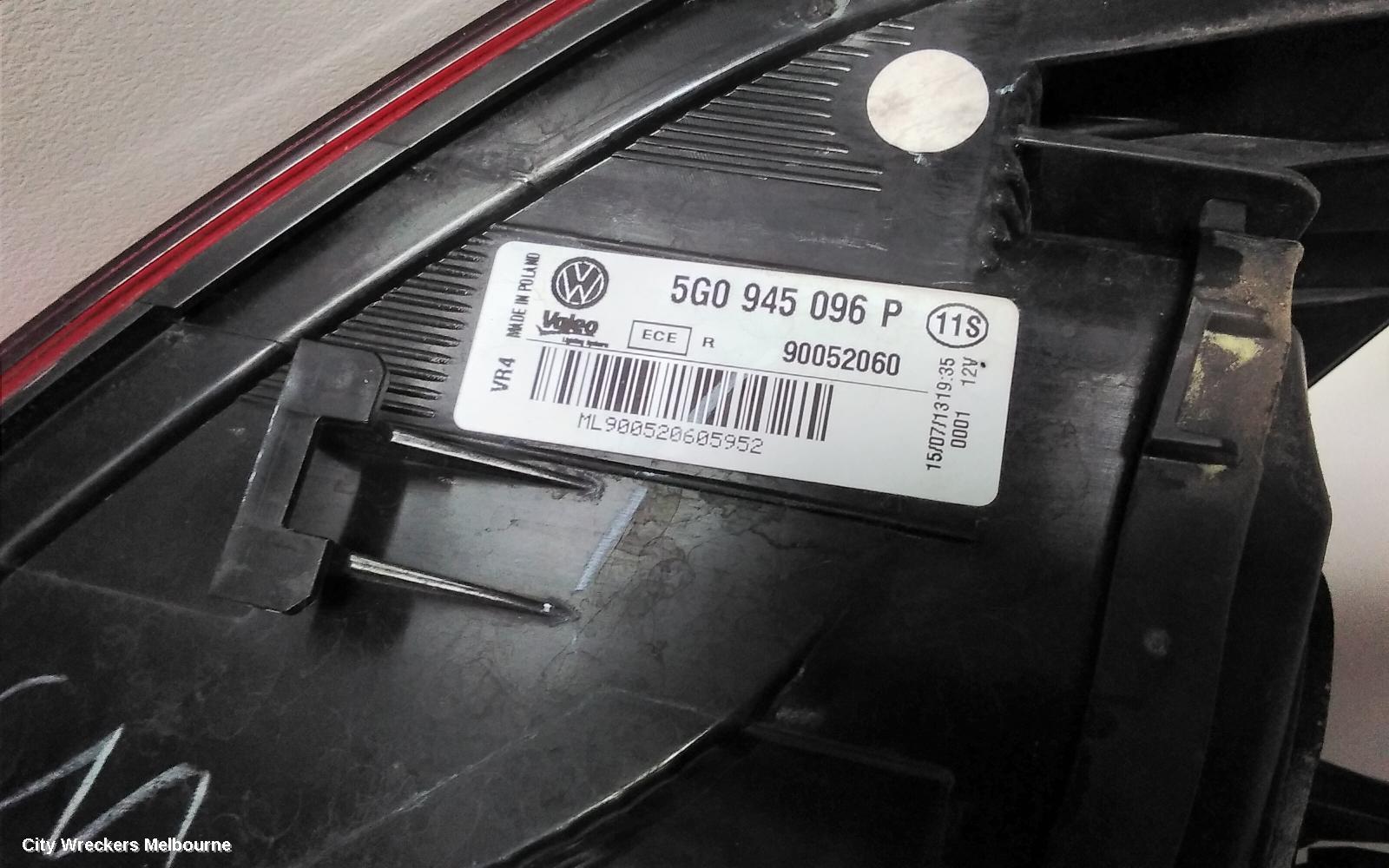 VOLKSWAGEN GOLF RIGHT TAILLIGHT, GEN 7, HATCH, STANDARD, NON LED TYPE, 03/2013 - 03/2017