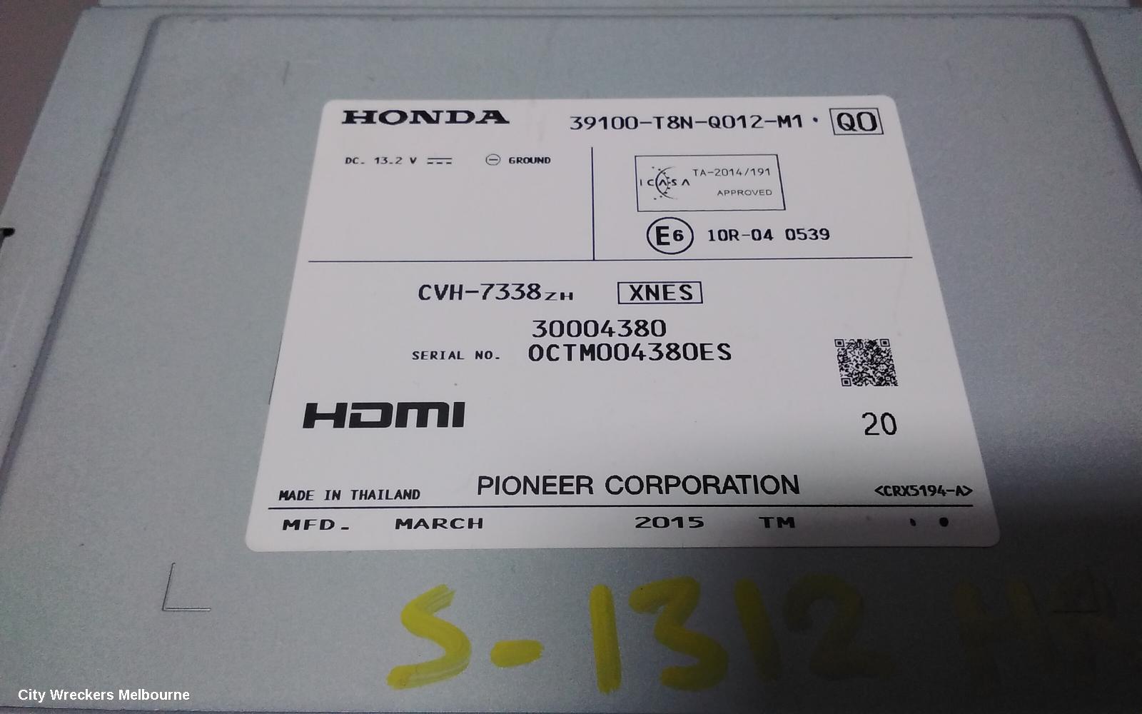 HONDA HRV RADIO/CD/DVD/SAT/TV, 7IN TOUCHSCREEN, NON SAT NAV TYPE, RU5, 12/2014 - 04/2017