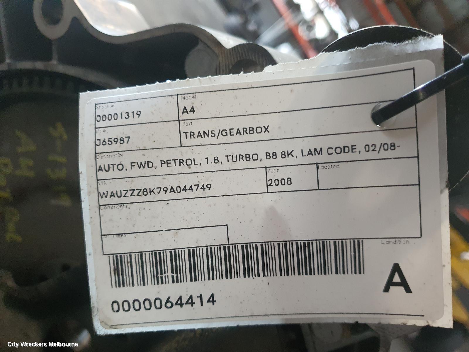 AUDI A4 TRANS/GEARBOX, AUTO, FWD, PETROL, 1.8, TURBO, B8 8K, LAM CODE, 02/2008 - 06/2012