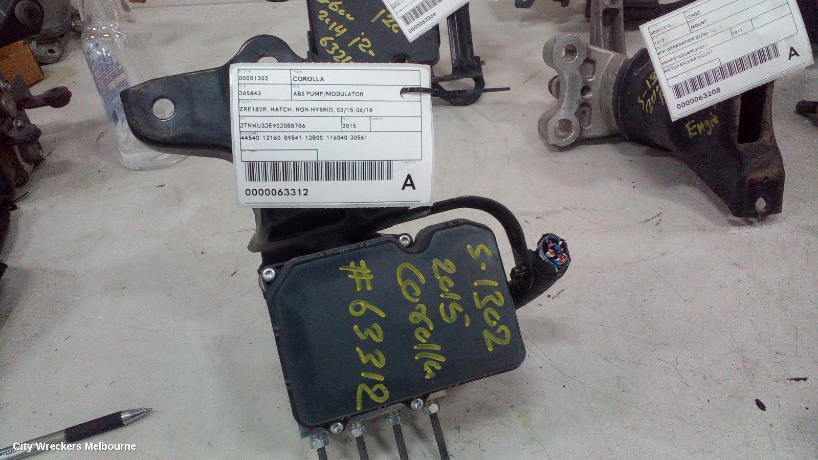 TOYOTA COROLLA ABS PUMP/MODULATOR, ZRE182R, HATCH, NON HYBRID, 03/2015 - 06/2018
