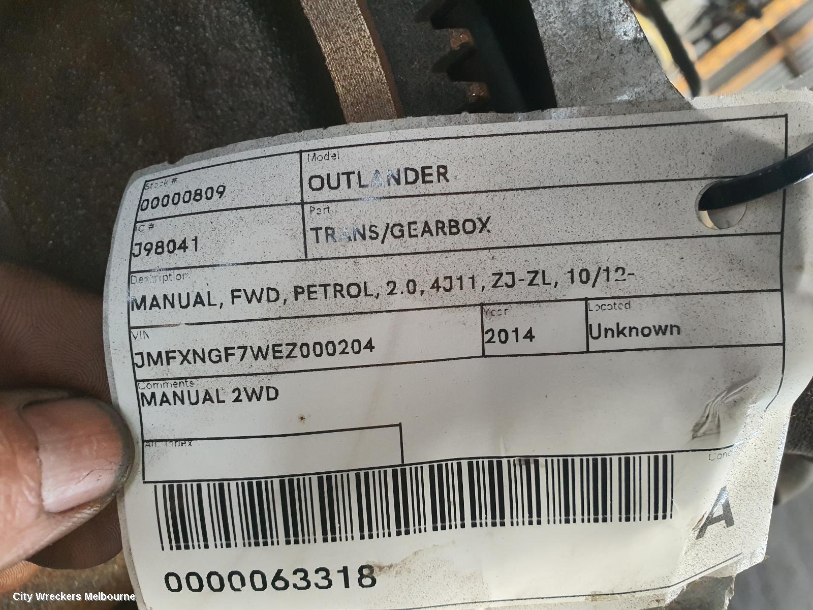 MITSUBISHI OUTLANDER TRANS/GEARBOX, MANUAL, FWD, PETROL, 2.0, 4J11, ZJ-ZL, 10/2012 ONWARDS