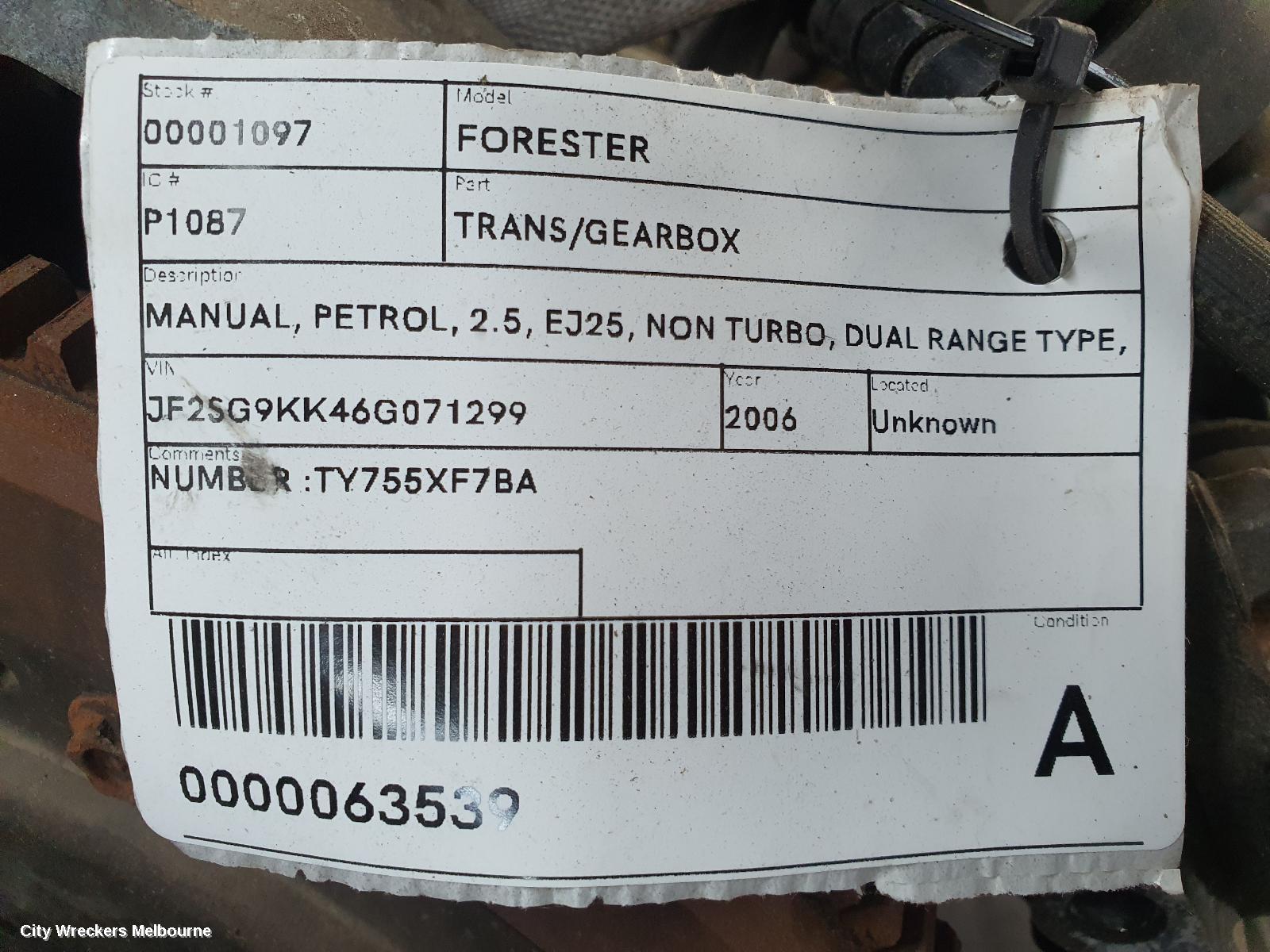 SUBARU FORESTER TRANS/GEARBOX, MANUAL, PETROL, 2.5, EJ25, NON TURBO, DUAL RANGE TYPE, 06/2005 - 02/2008