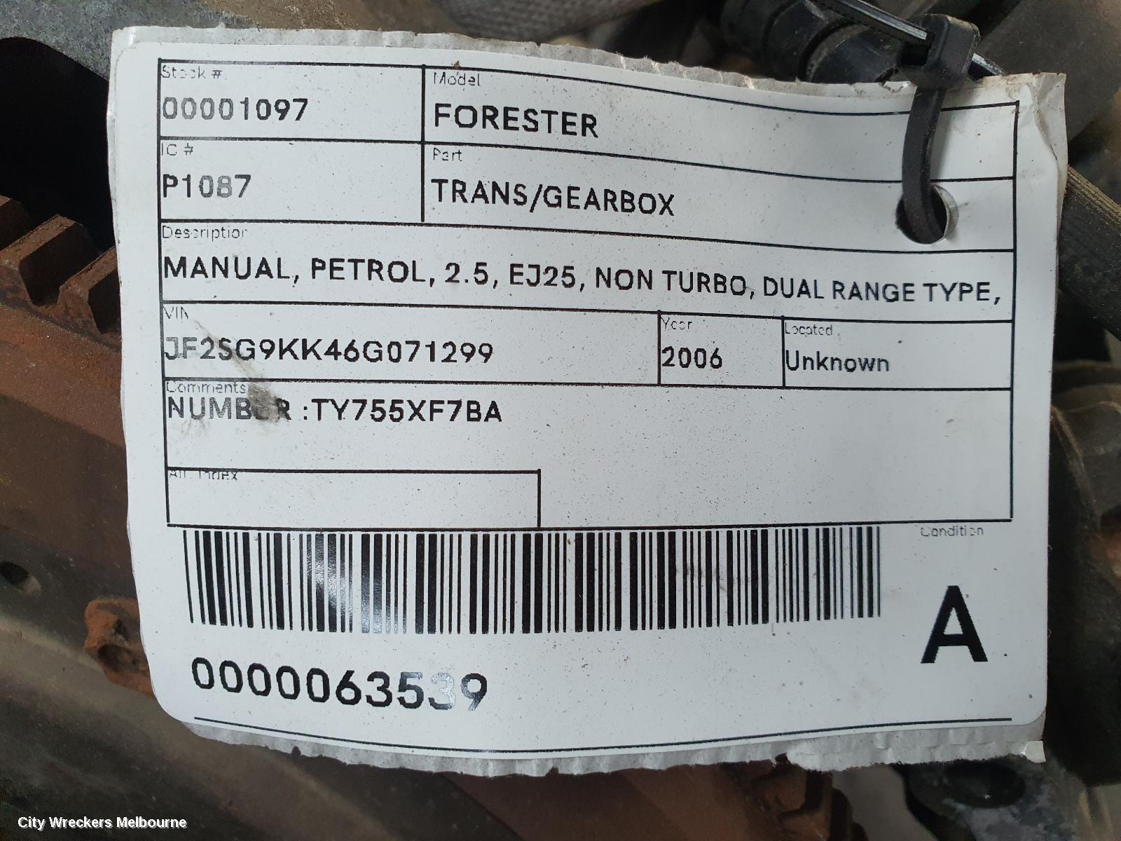 SUBARU FORESTER TRANS/GEARBOX, MANUAL, PETROL, 2.5, EJ25, NON TURBO, DUAL RANGE TYPE, 06/2005 - 02/2008