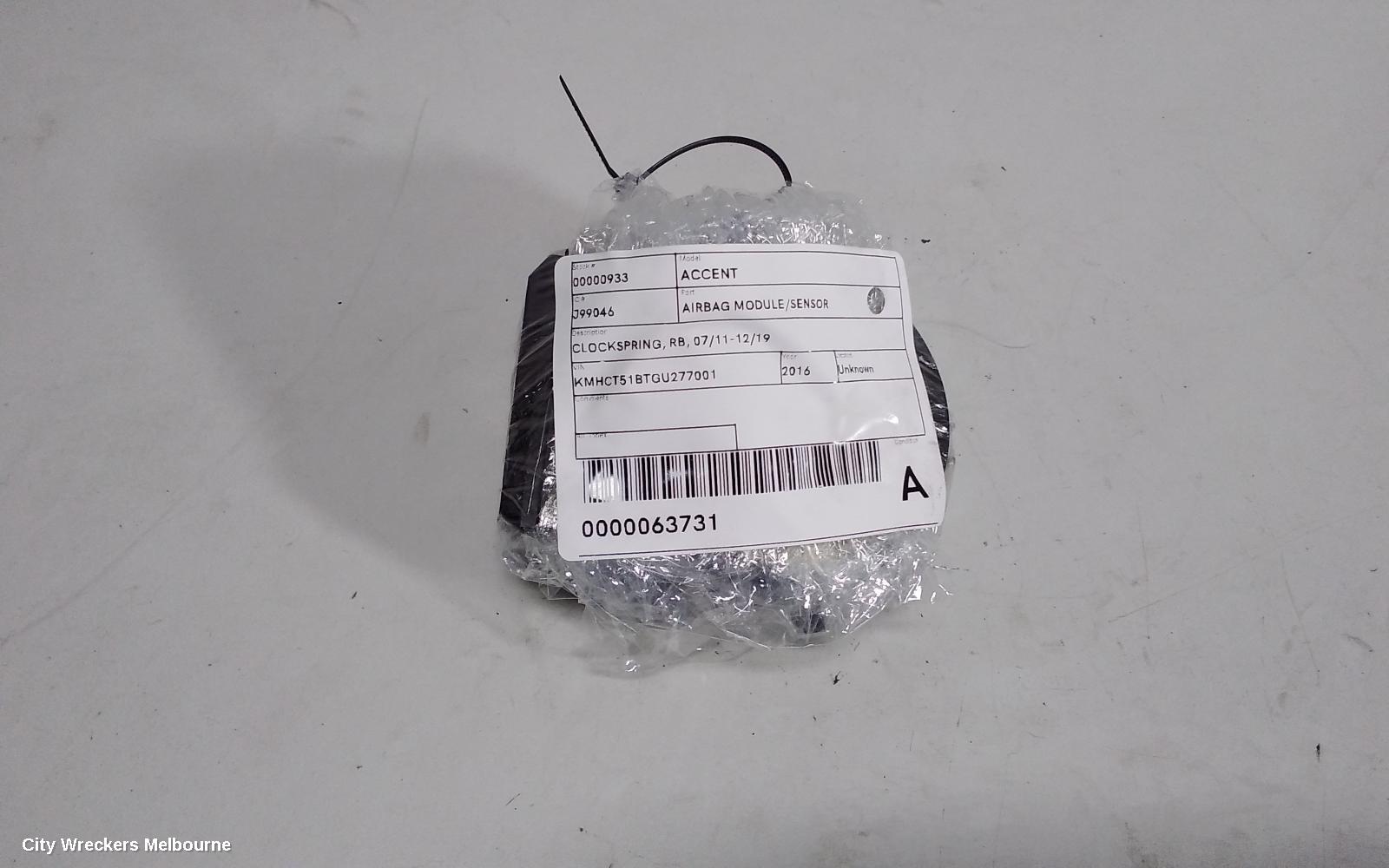 HYUNDAI ACCENT AIRBAG MODULE/SENSOR, CLOCKSPRING, RB, 07/2011 - 12/2019