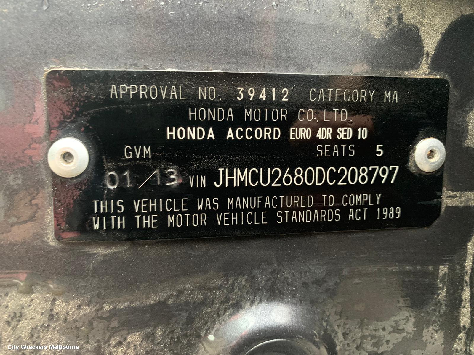 HONDA ACCORD RIGHT REAR DOOR, 8TH GEN, EURO (VIN JHMCU), SEDAN, 06/2008 - 12/2015