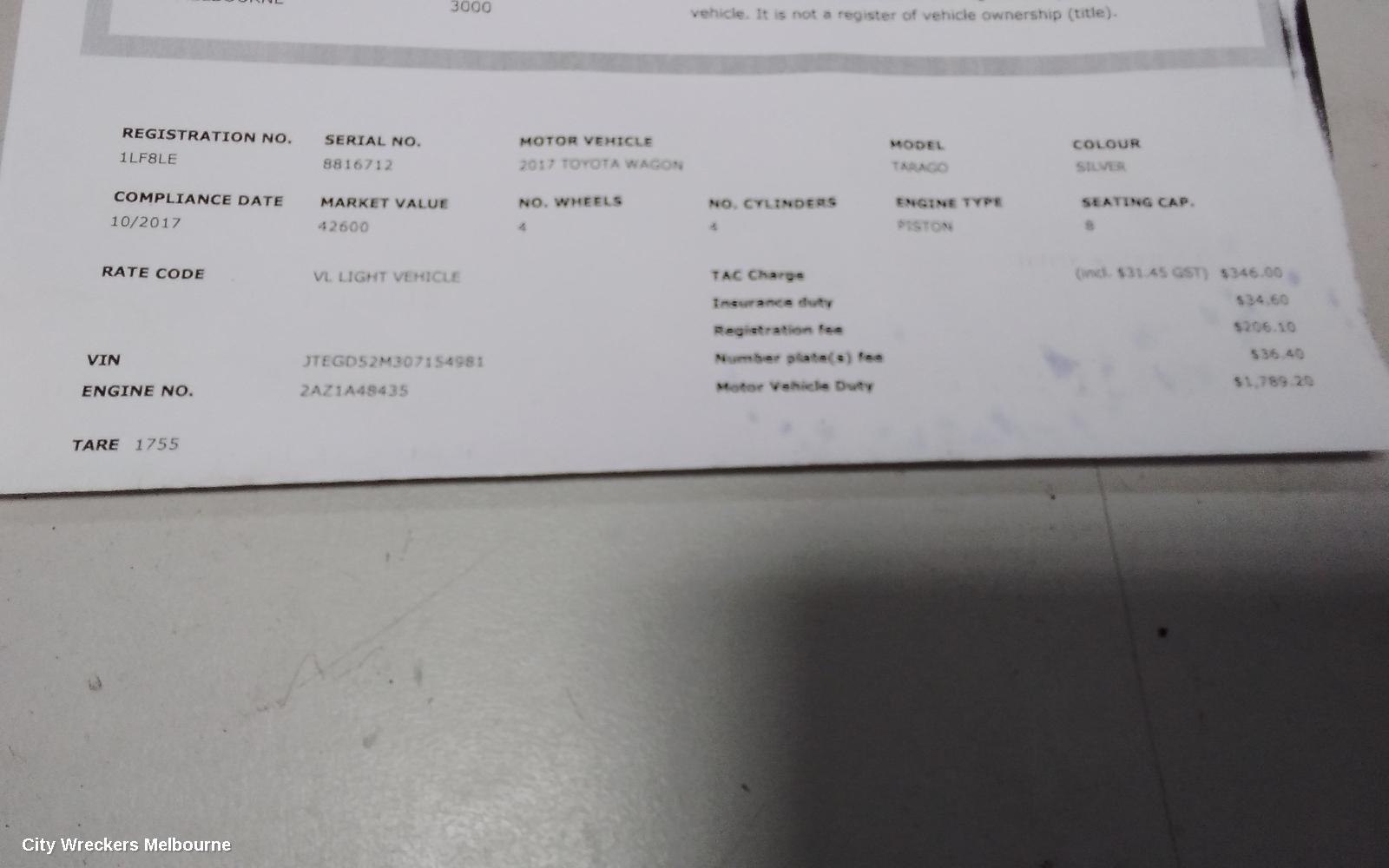 TOYOTA TARAGO OWNERS HANDBOOK, ACR50R, 03/2006 - 06/2020