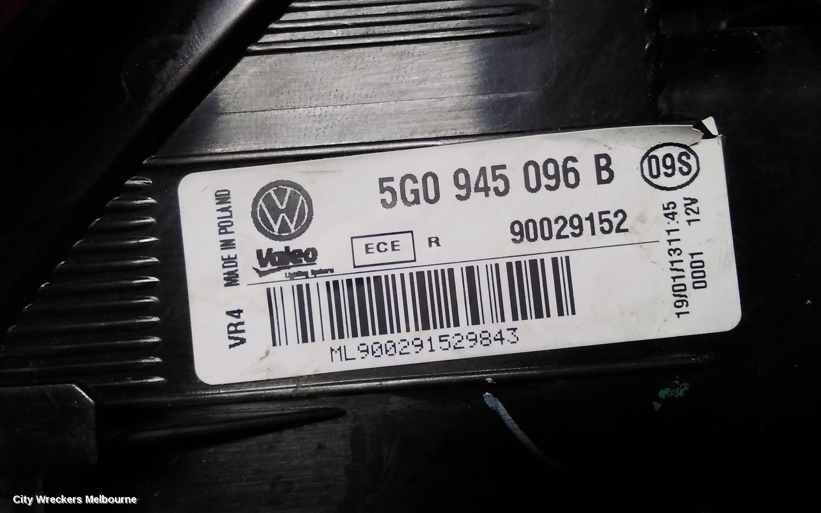 VOLKSWAGEN GOLF RIGHT TAILLIGHT, GEN 7, HATCH, STANDARD, NON LED TYPE, 03/2013 - 03/2017