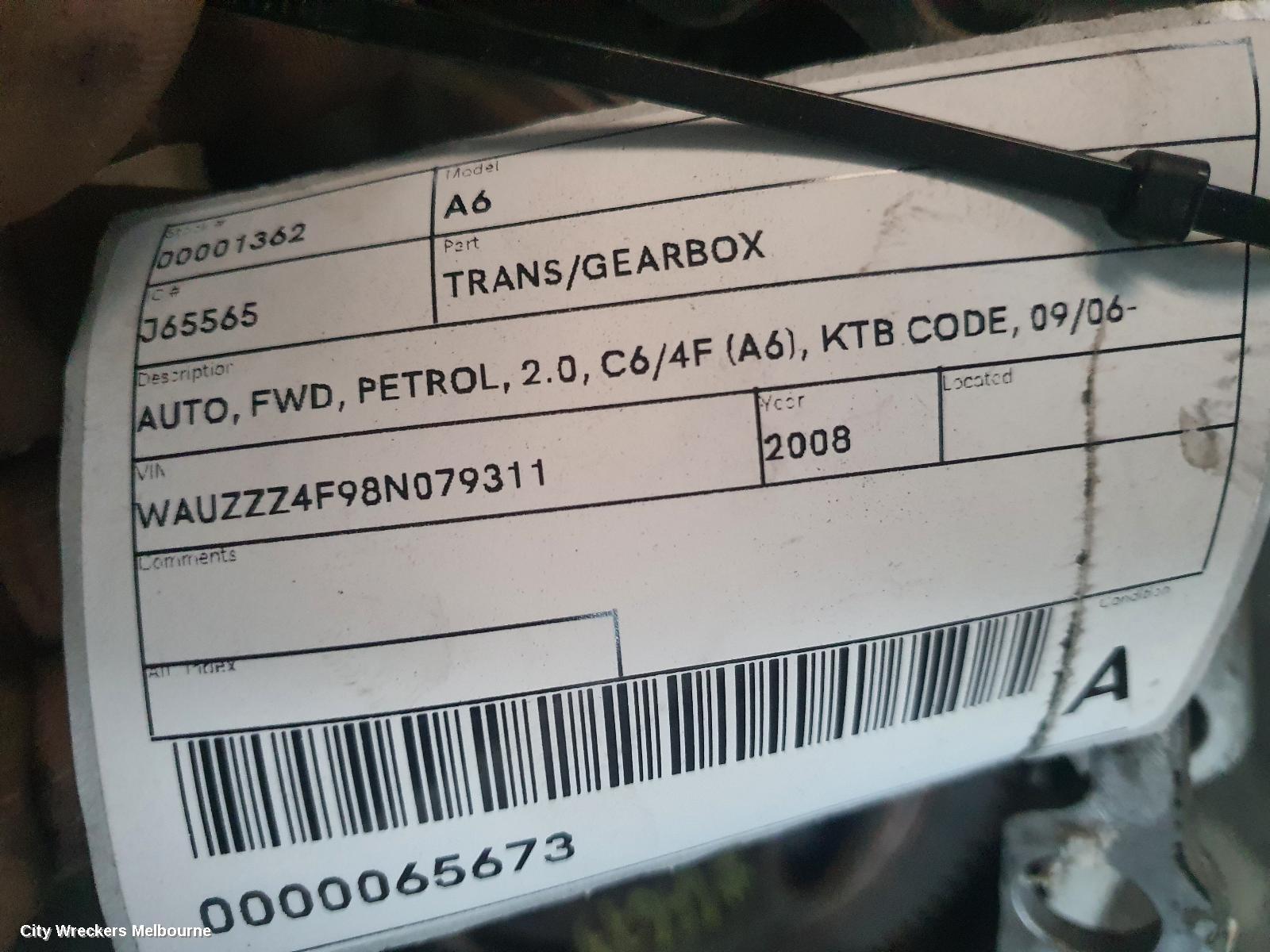 AUDI A6 TRANS/GEARBOX, AUTO, FWD, PETROL, 2.0, C6/4F (A6), KTB CODE, 09/2006 - 06/2011